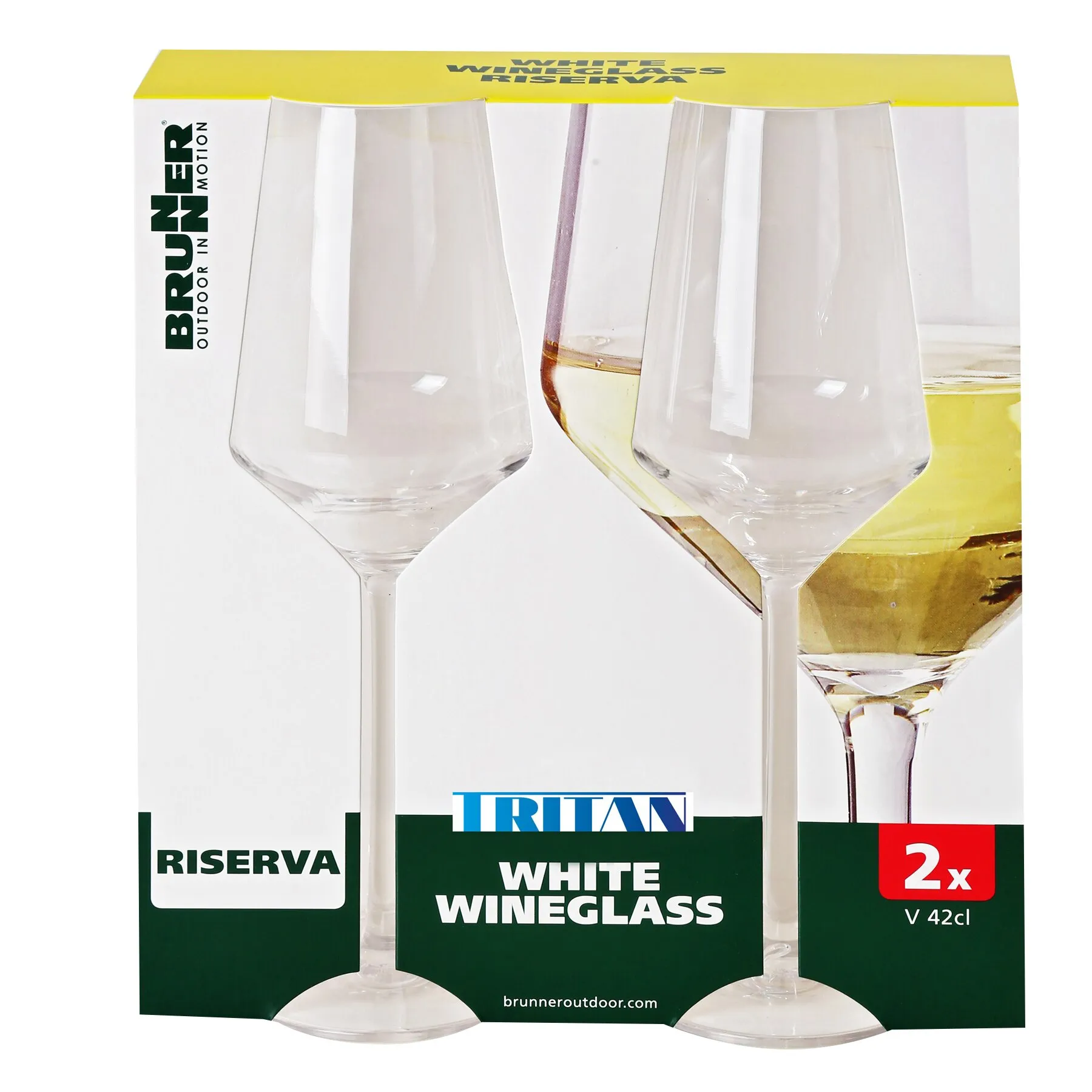 Verpackung mit zwei transparenten Riserva-Weißweingläsern von Brunner Outdoor, je 42 cl, mit langem Stiel
