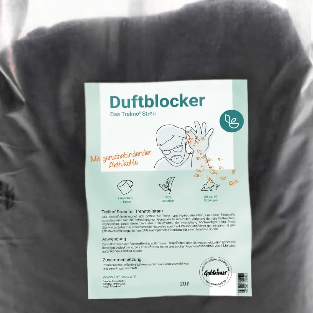 Türkiser 20-Liter-Sack Trelino Duftblocker-Streu mit geruchsbindender Aktivkohle und Pflanzenmotiv-Illustration