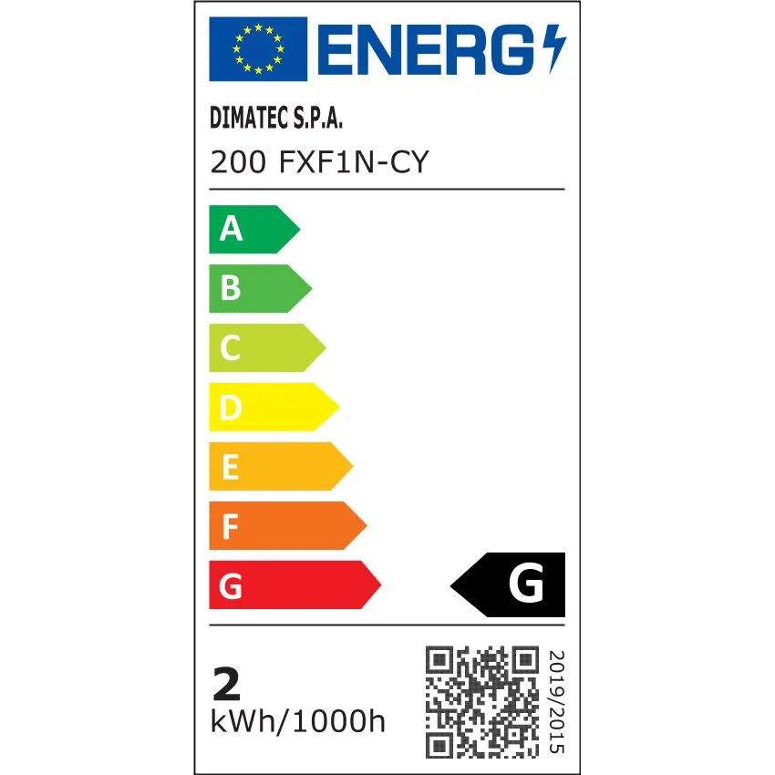Europäisches Energieeffizienzlabel mit EU-Flagge und ENERG-Logo, Modell 200 FXF1N-CY, Balken A bis G, G hervorgehoben, Verbrauch 2 kWh/1000h
