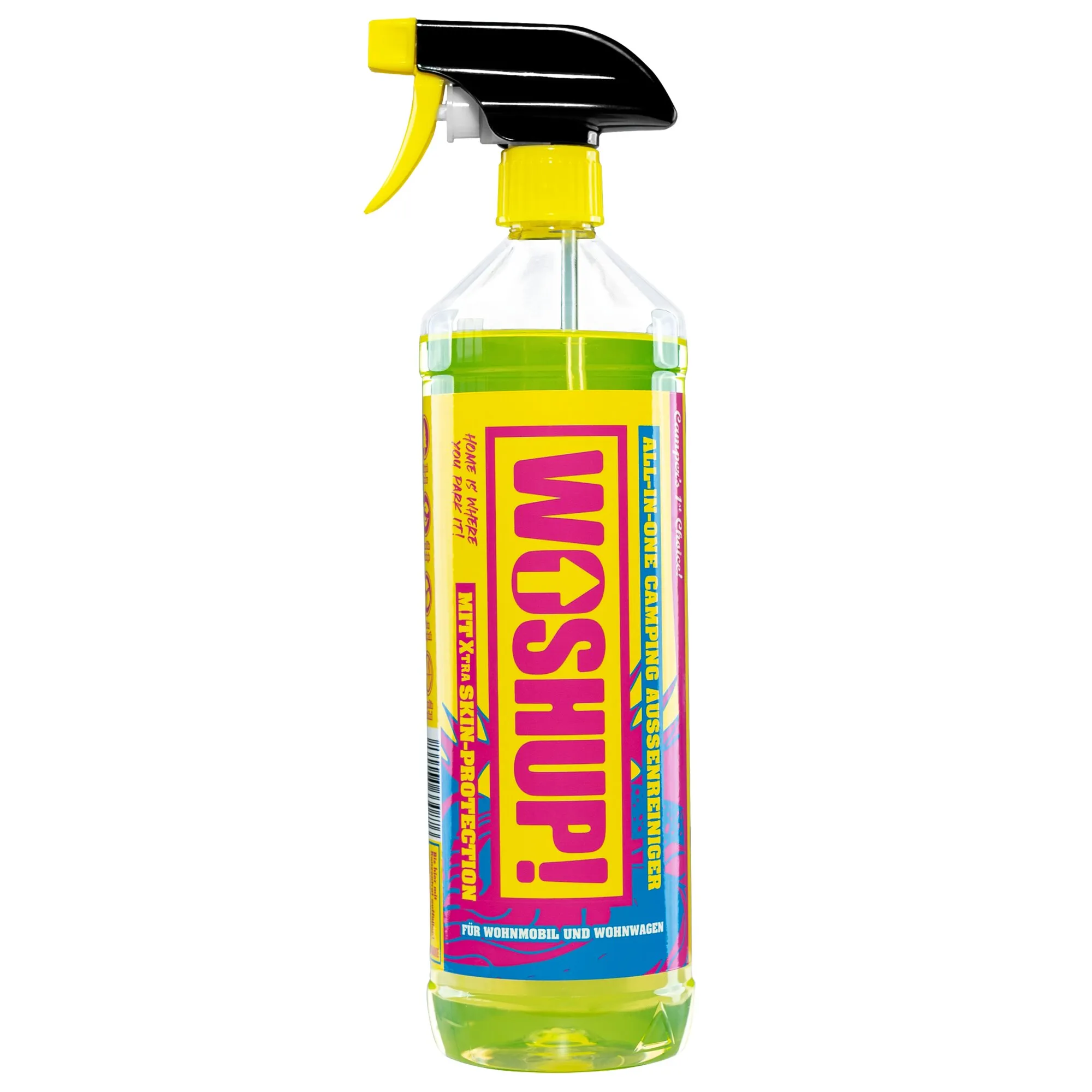 Caravan-Spezialreiniger, 1-Liter-Sprühflasche mit schwarzem und gelbem Sprühkopf sowie grün-gelber Reinigungsflüssigkeit