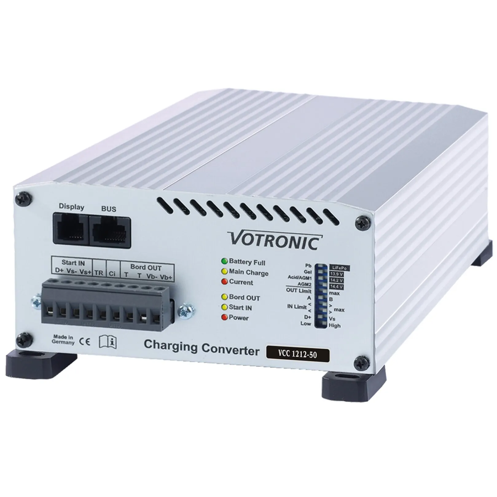 VOTRONIC Ladewandler VCC 1212-50 CI in silbernem Metallgehäuse mit Kühlrippen, Anschlüssen und LED-Anzeigen