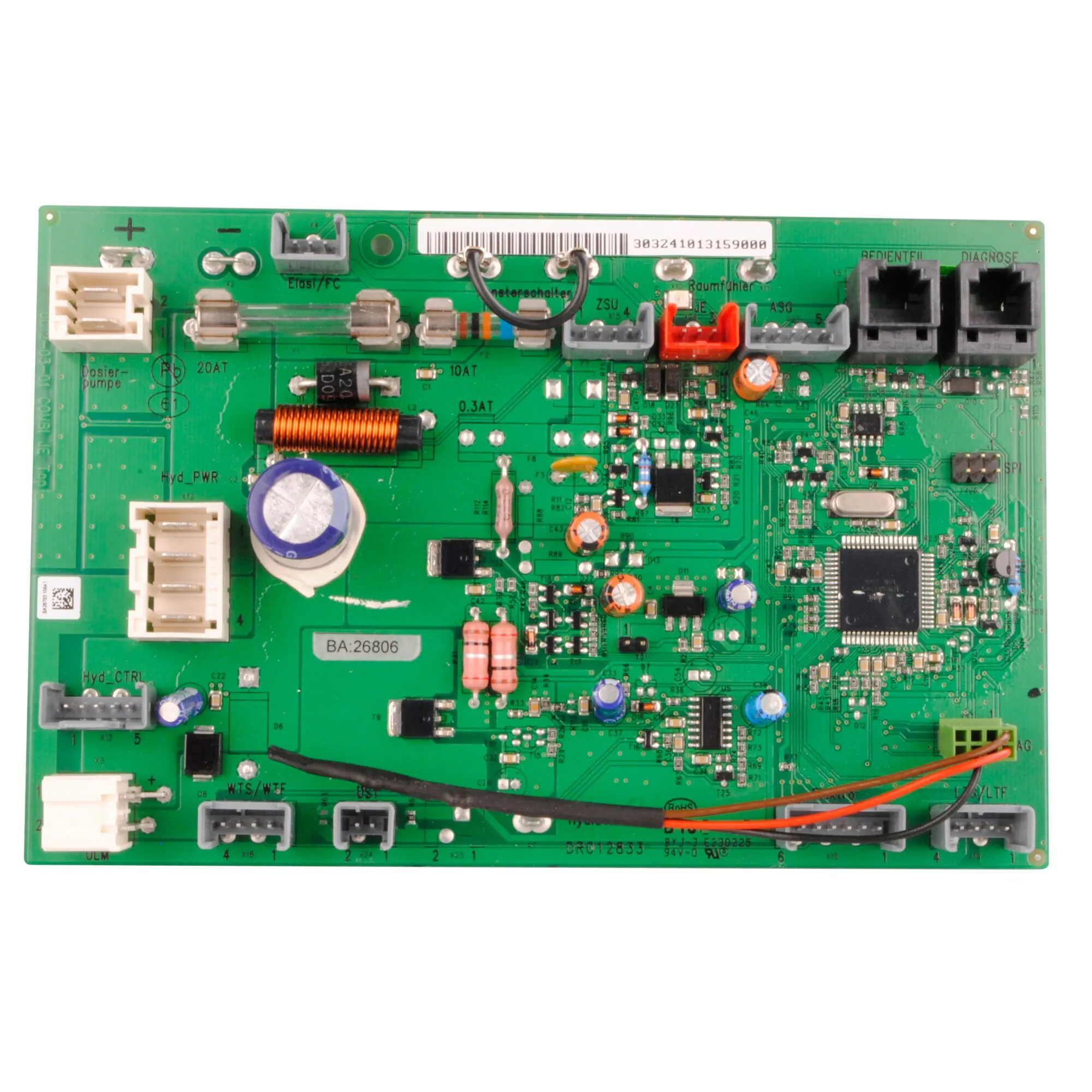 Grüne elektronische Steuerplatine für Combi D 6 E ab 05/08 mit Sicherungen, Steckverbindungen und sichtbaren Bauteilen