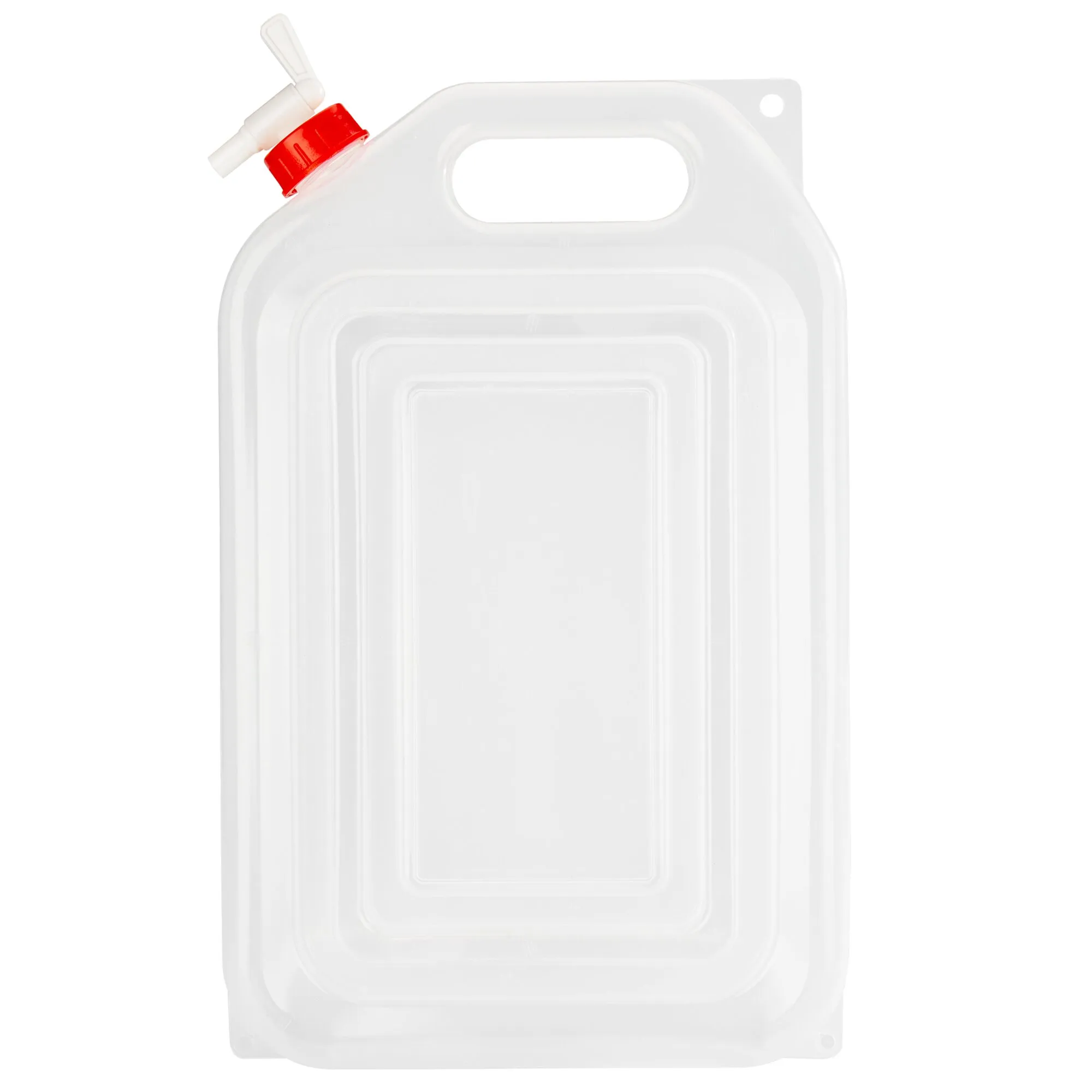 Transparenter Wasser-Container mit 9,4 Litern Fassungsvermögen, rotem Schraubverschluss, weißem Zapfhahn und Tragegriff