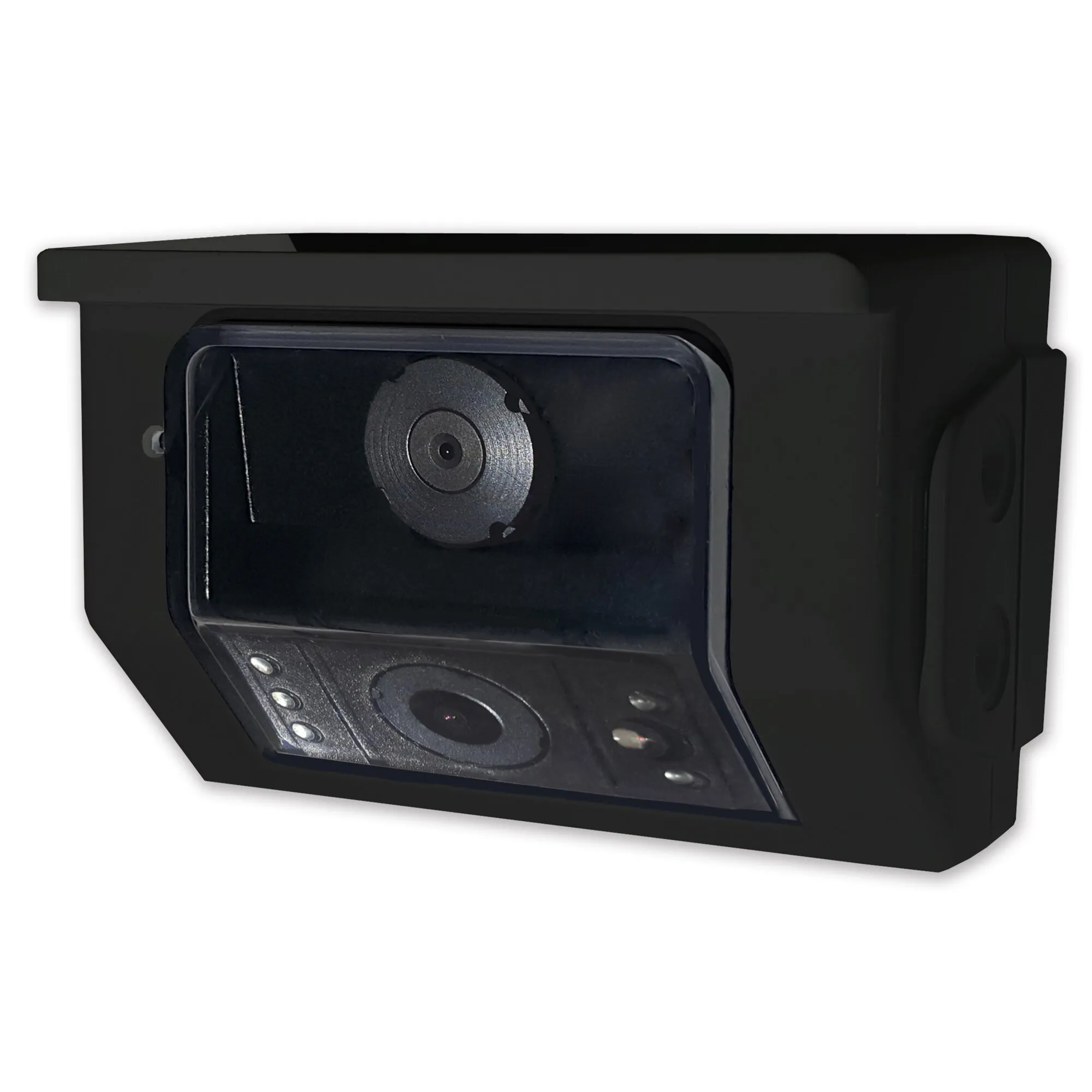 Schwarzes Camos TwinView Rückfahrvideosystem CM-510 mit zwei Kameralinsen und seitlichen Infrarot-LEDs in Gehäusefront