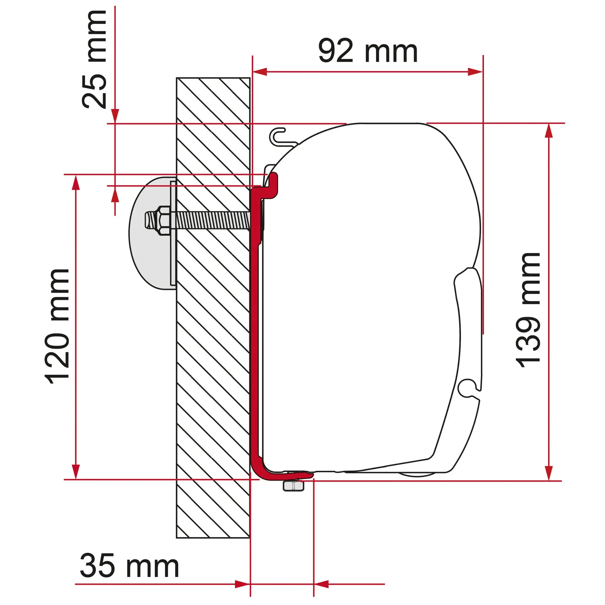Technische Zeichnung eines Markisenadapters AS 400 in Seitenansicht mit Montageblock, rotem Halteclip und Rollenkasten