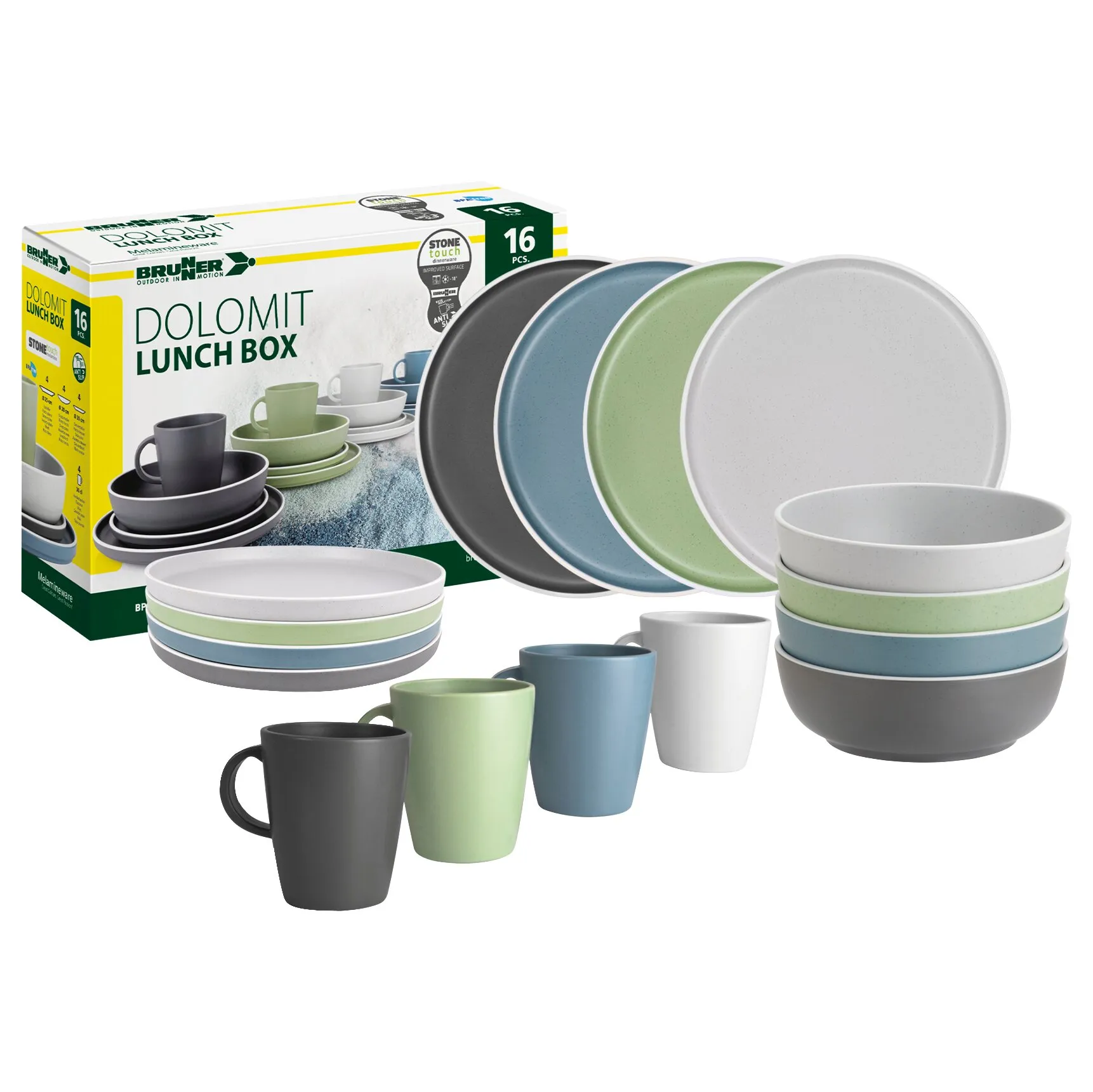 Geschirrset Dolomit Lunch Box von Brunner mit 16 Teilen aus Tellern, Schalen und Tassen in Grau, Blau, Grün und Weiß
