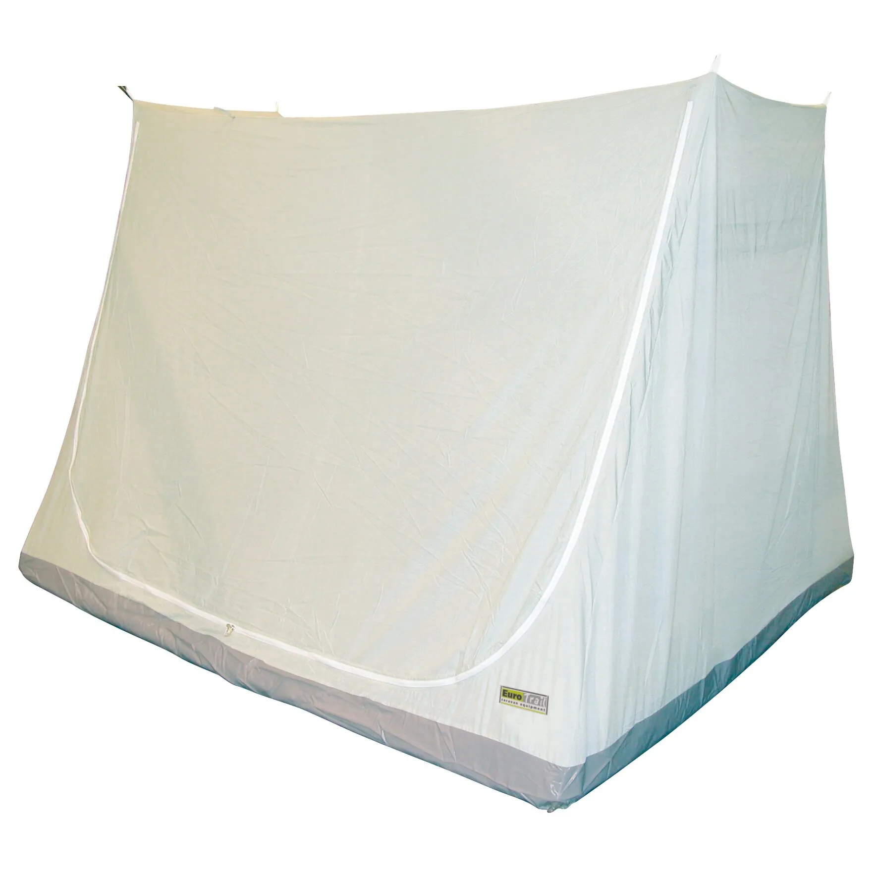 Beige Schlafkabine aus Stoff mit rechteckiger Grundfläche, Reißverschluss an der Vorderseite und grauem Rand, 200 x 145 x 135 cm