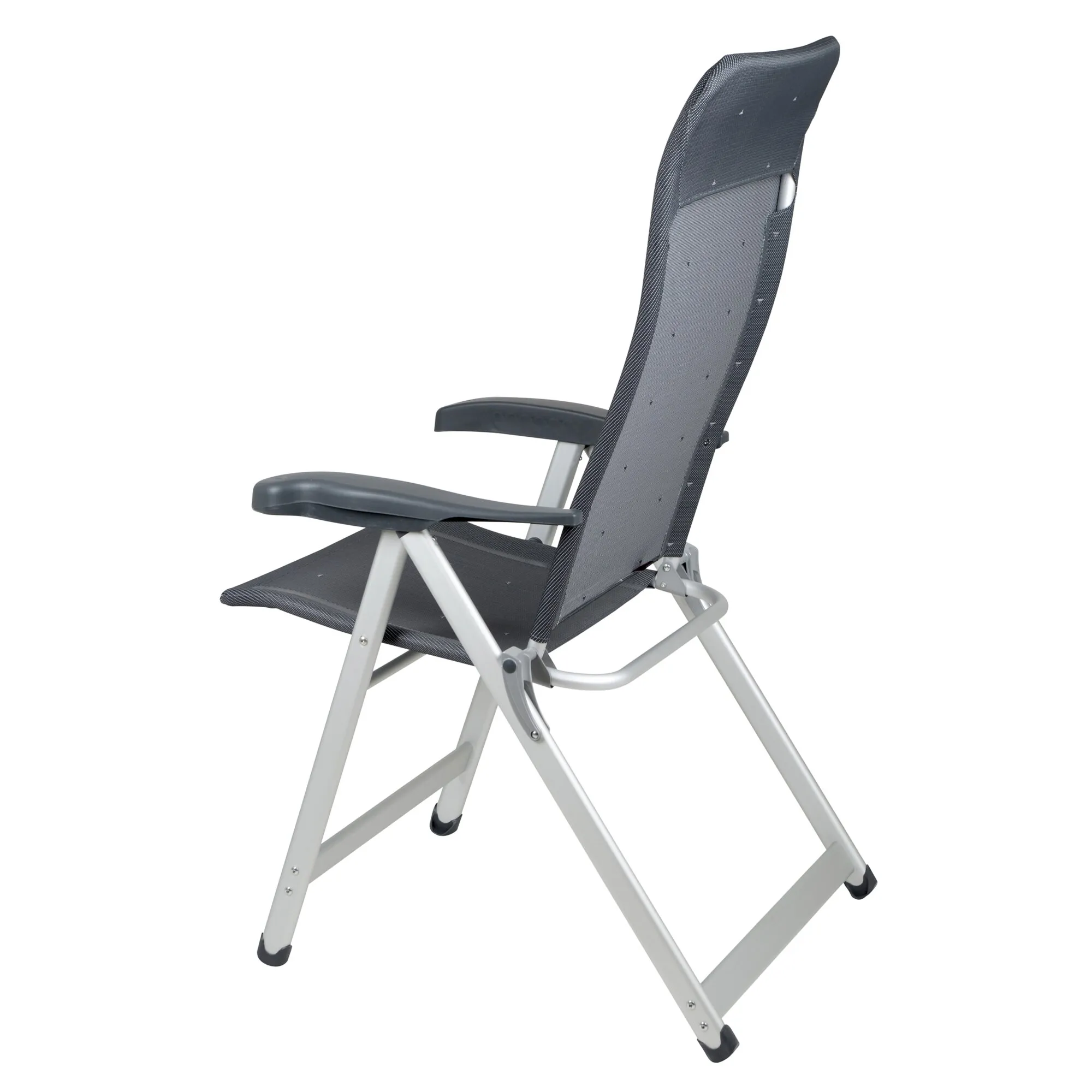 Campingstuhl AL/237 Classic in Seitenansicht mit schwarzem Netzbezug, Armlehnen und silbernem Aluminium-Klappgestell