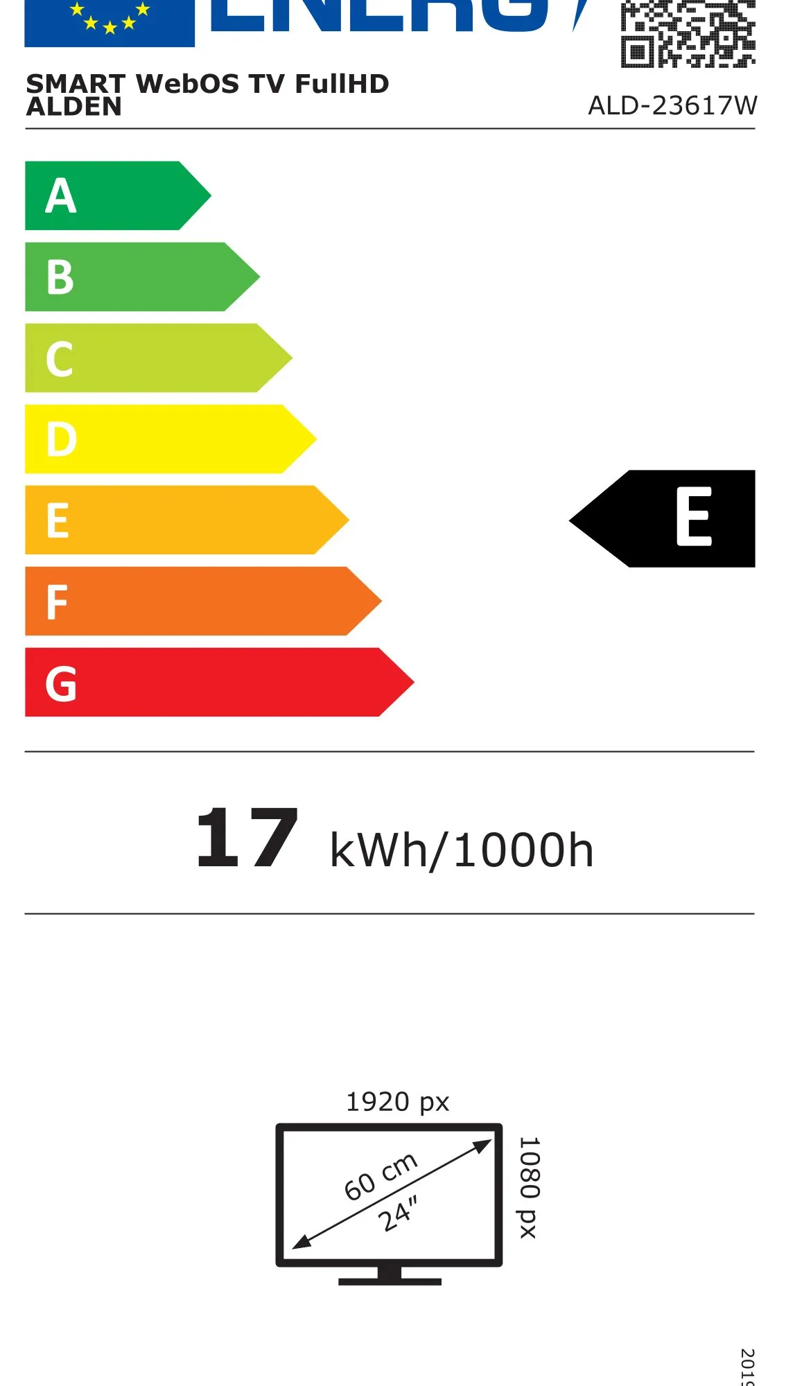 Energieeffizienzlabel des ALDEN Smart WebOS TV FullHD ALD-23617W: Klasse E, 17 kWh/1000 h, 1920 × 1080 Pixel und 60 cm Bildschirmdiagonale