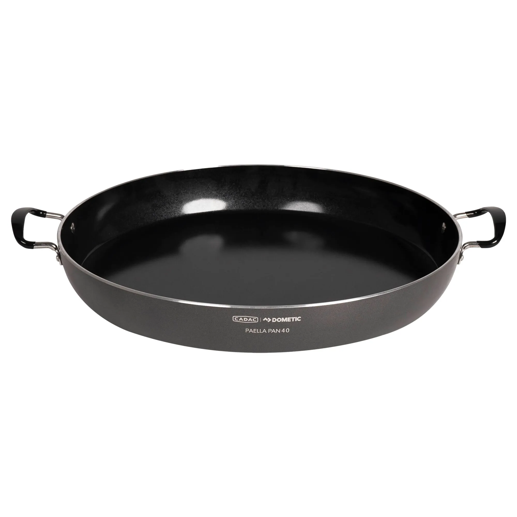 Schwarze, runde Paellapfanne 40 von Cadac Dometic mit zwei seitlichen Griffen und breitem, flachem Innenboden