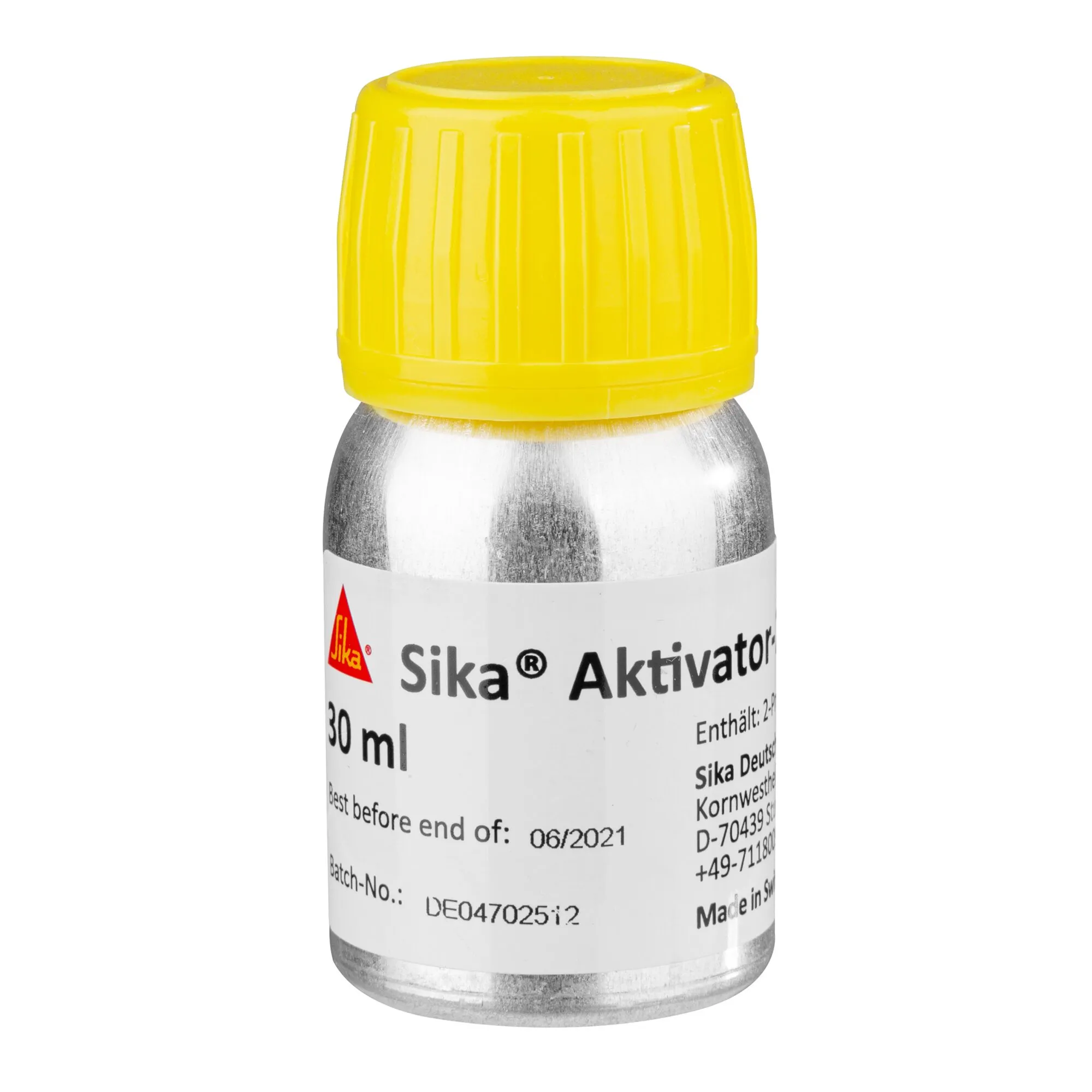 Sika® Aktivator-205 in transparentem 30-ml-Glasfläschchen mit gelbem Schraubverschluss und weißem Etikett