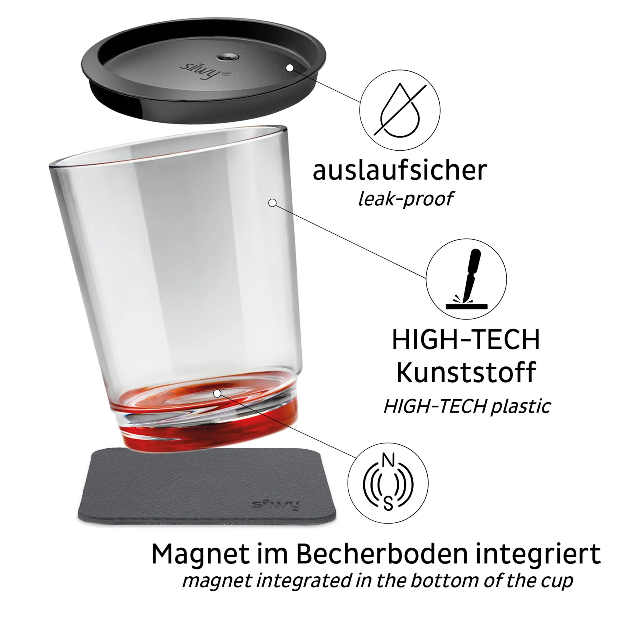 Transparenter Magnet-Trinkbecher aus Kunststoff mit rotem Boden, abnehmbarem schwarzem Deckel und integriertem Magneten im Becherboden