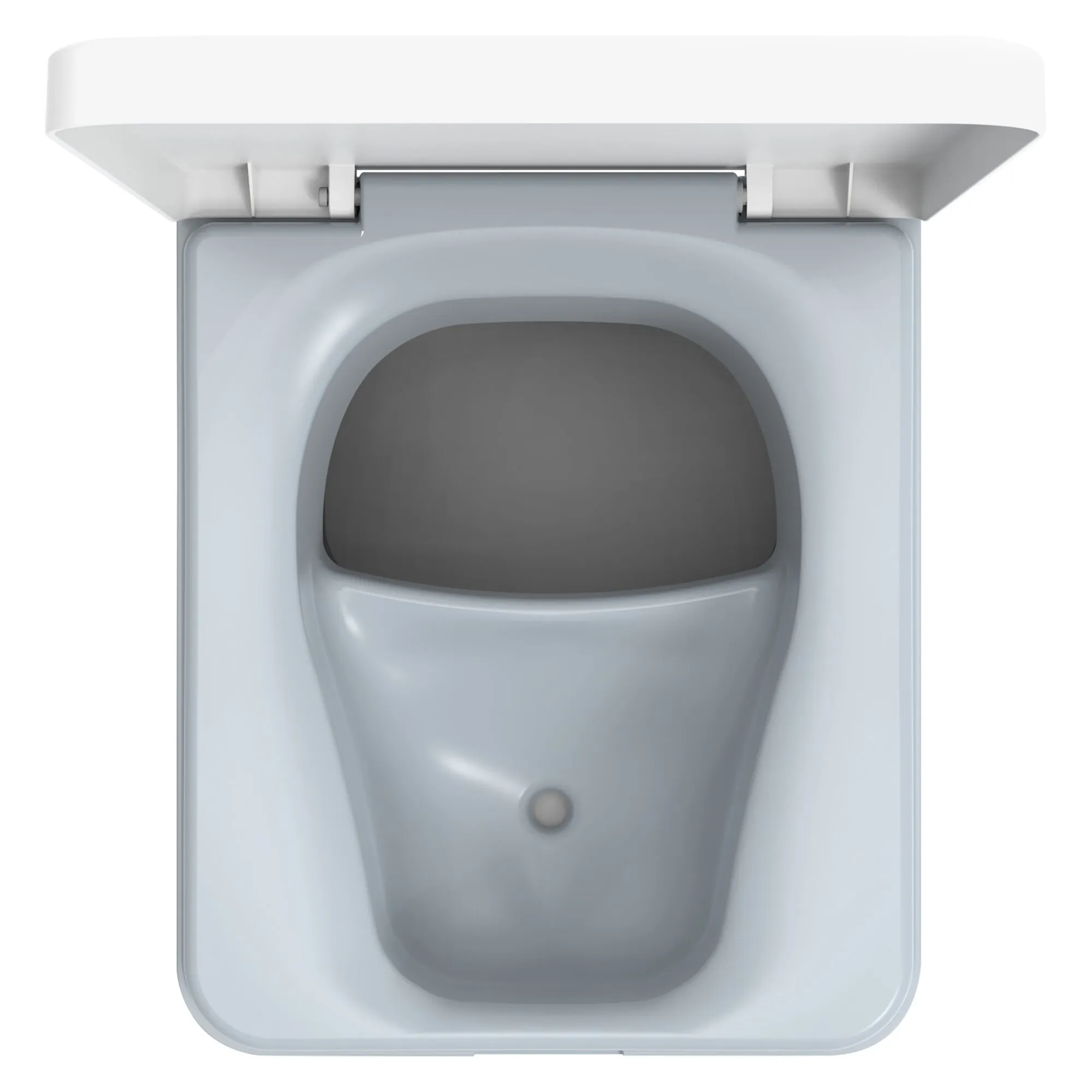 Weiße Trenntoilette Trelino Evo M in Aufsicht mit geöffnetem Deckel und sichtbarer Trennvorrichtung im Toilettenbecken