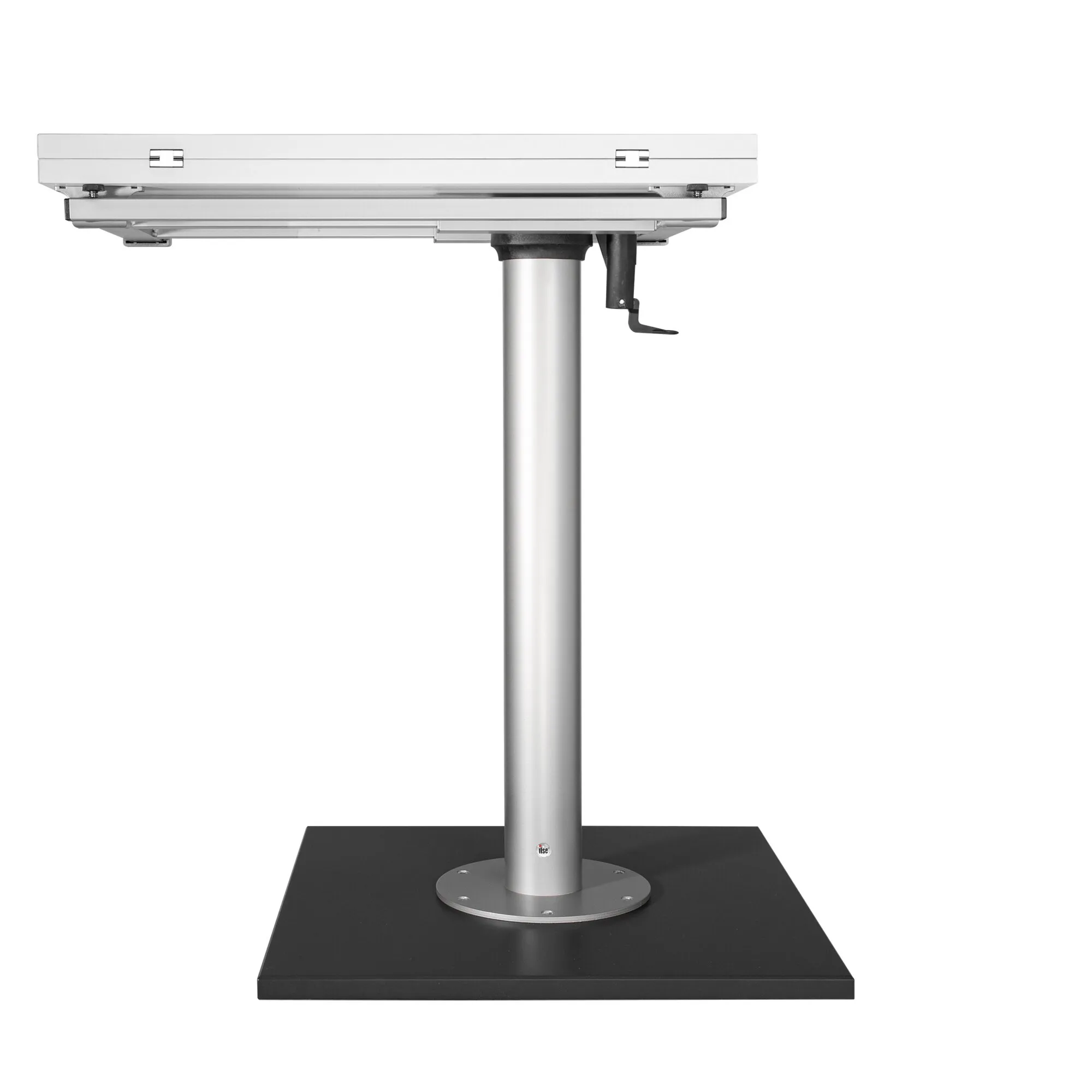 Silberne Tischsäule mit runder Bodenplatte, schwarzer quadratischer Standfläche und manuellem Kurbelmechanismus zur Verschiebung