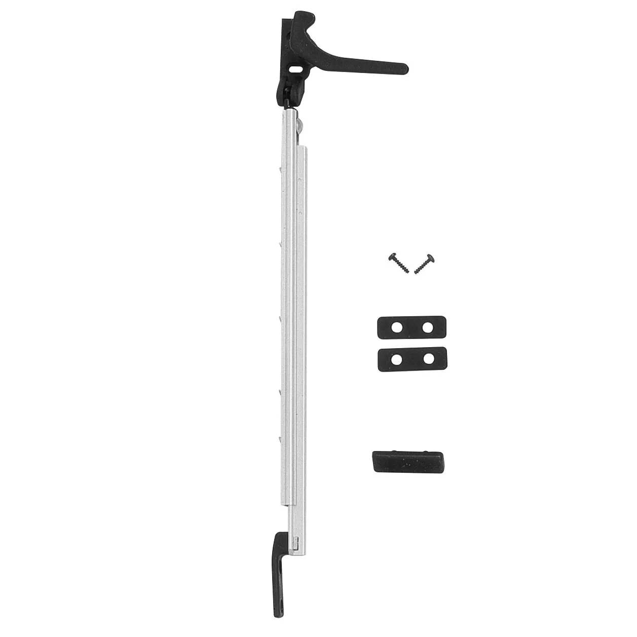 Schwarzer Automatik-Fensteraussteller links, 300 mm, mit silberner Führungsschiene, zwei Halteplatten, Schrauben und Endstück