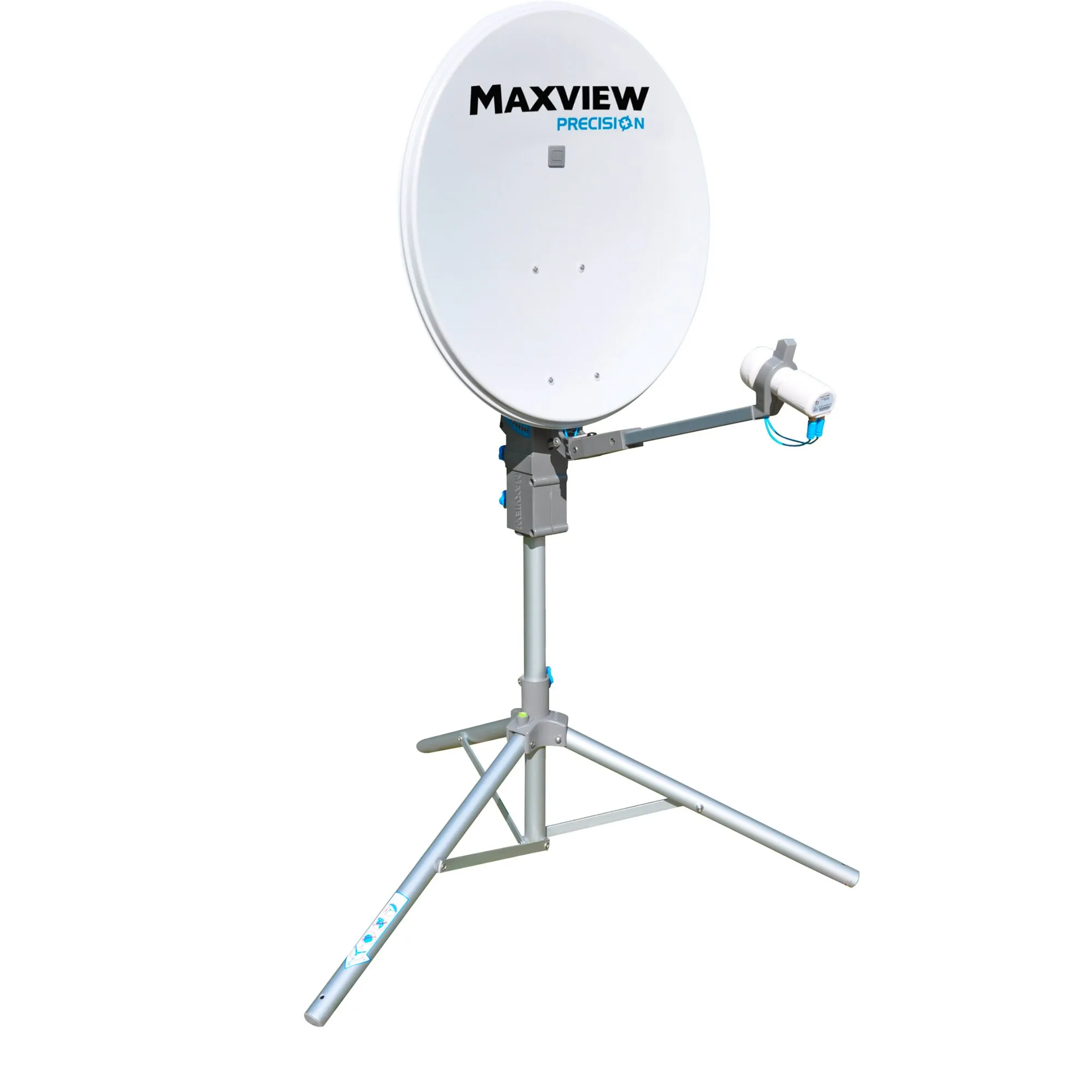 Weiße 55-cm-Satellitenschüssel Maxview Precision mit Twin-LNB, Mast und dreibeinigem Standfuß