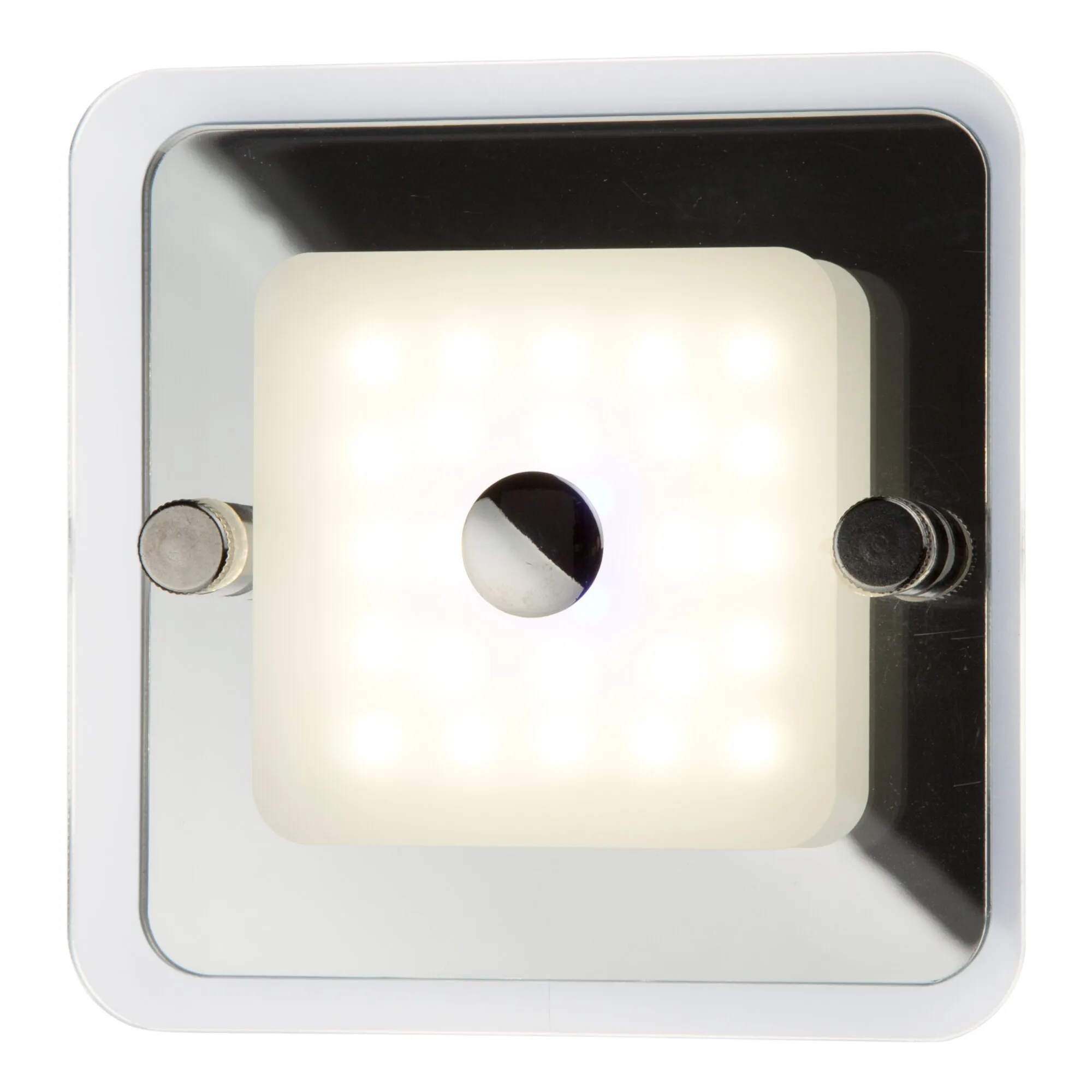 Deckenleuchte Nightlight 1 mit quadratischem weißen Rahmen, schwarzer Glasfläche, milchigem Leuchtkörper und zentralem Chromknopf