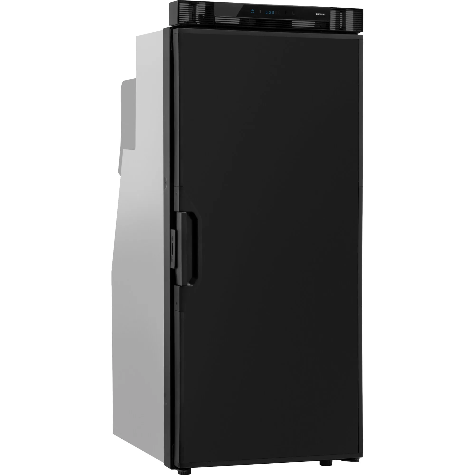 Schwarzer Kühlschrank Thetford T1090E mit glatter Front, seitlichem Griff, Lüftungsgitter und Bedienfeld oben, 84 l, 12 V