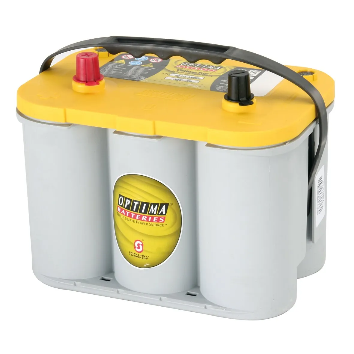 Optima YTS Batterie mit 55 Ah, grauem Gehäuse, gelbem Deckel, Tragegriff und roten sowie schwarzen Anschlüssen