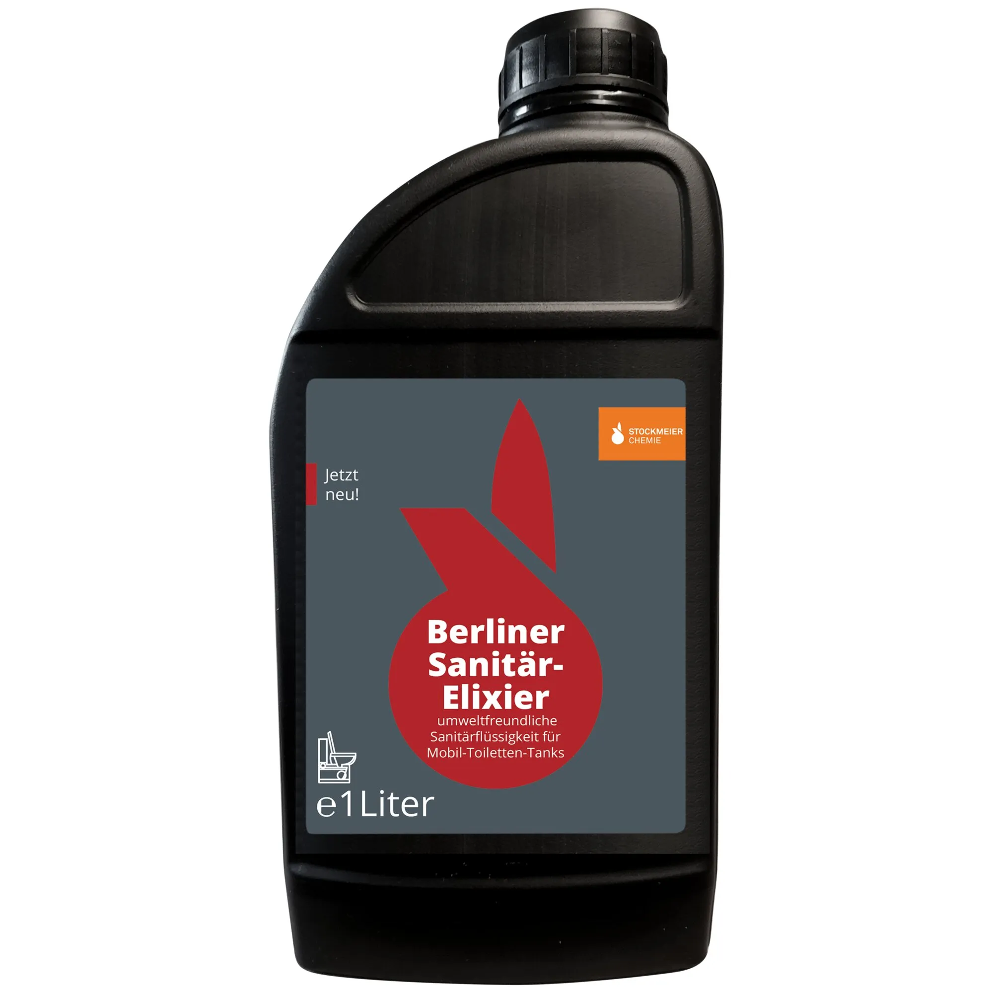 Schwarzer 1-Liter-Kunststoffkanister mit Schraubverschluss und Etikett Berliner Sanitär-Elixier für Mobil-Toiletten-Tanks