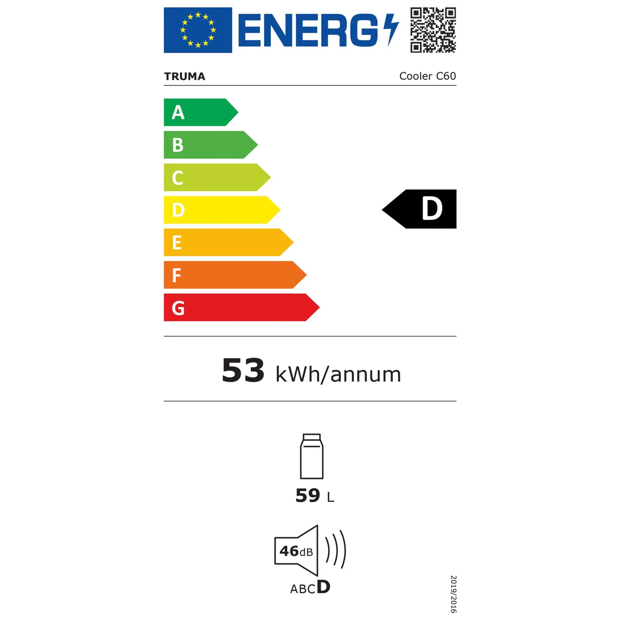 EU-Energielabel für die Truma Kompressorkühlbox Cooler C60 mit Energieeffizienzklasse D, 59 l, 53 kWh/Jahr und 46 dB