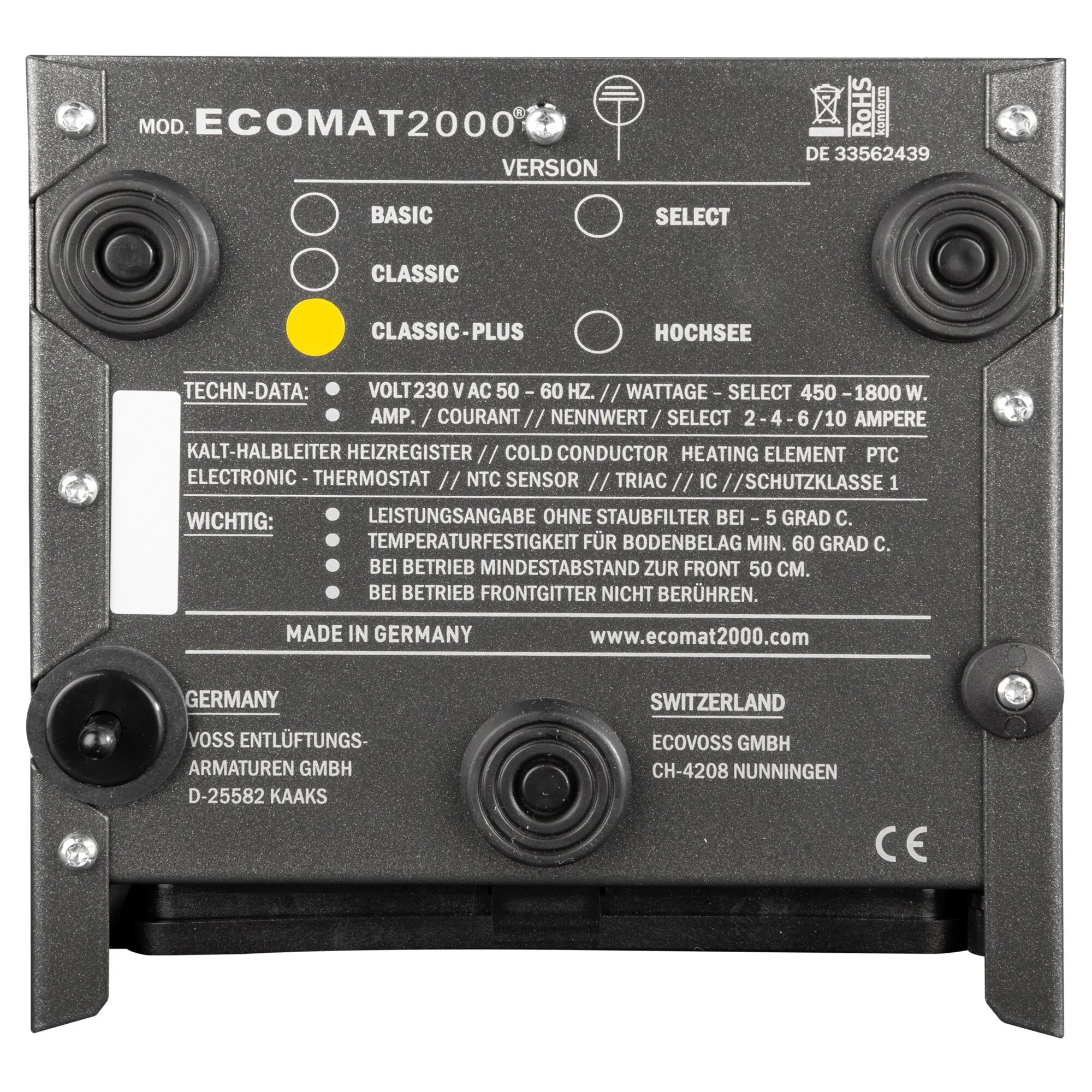 Unterseite des schwarzen Heizgeräts Ecomat 2000 Classic Plus mit Typenschild, Füßen und technischen Daten definiert
