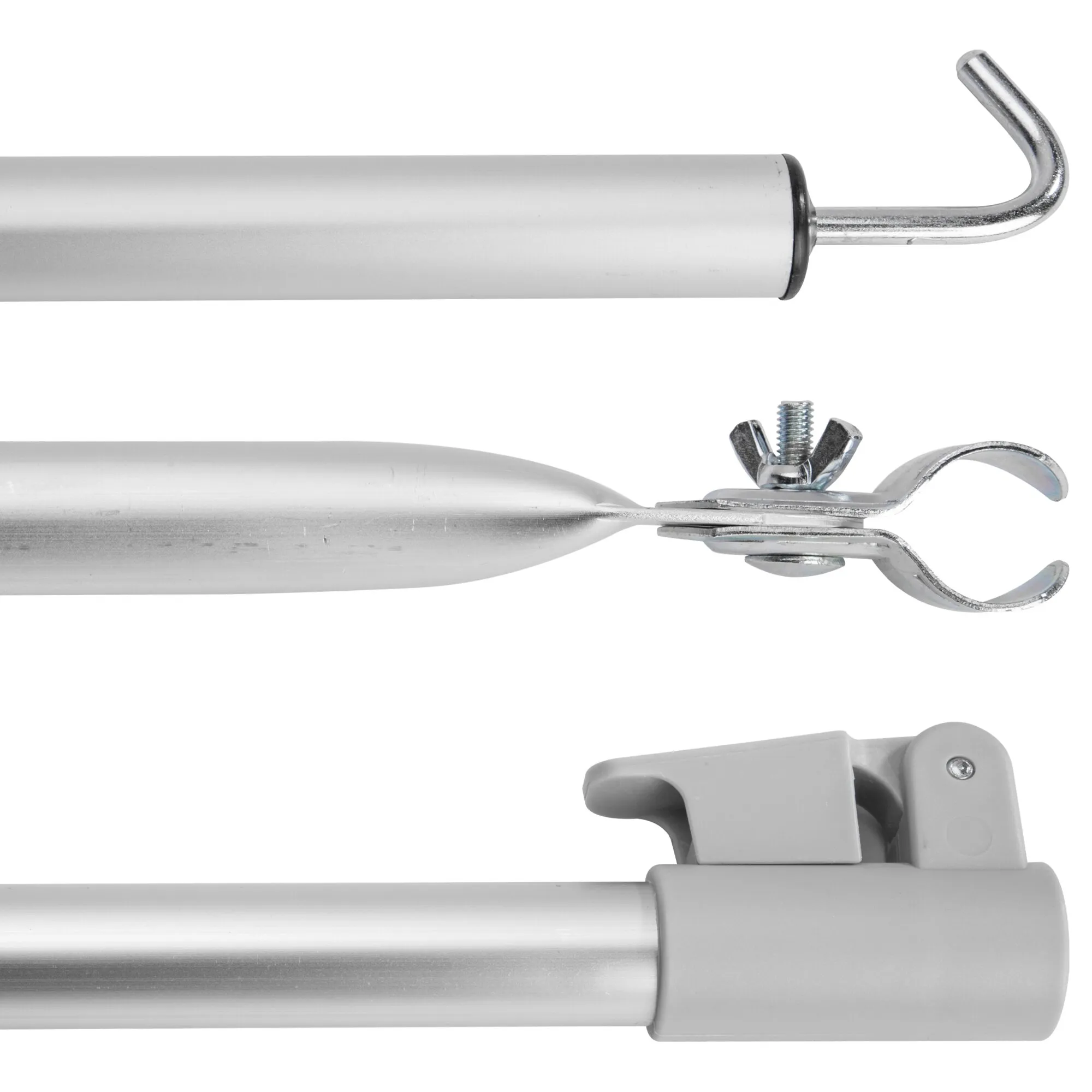 Dachstange aus Aluminium, 250 cm lang und 28 mm Durchmesser, mit Haken, Klemmbefestigung und Kunststoffhalterung in Detailansichten
