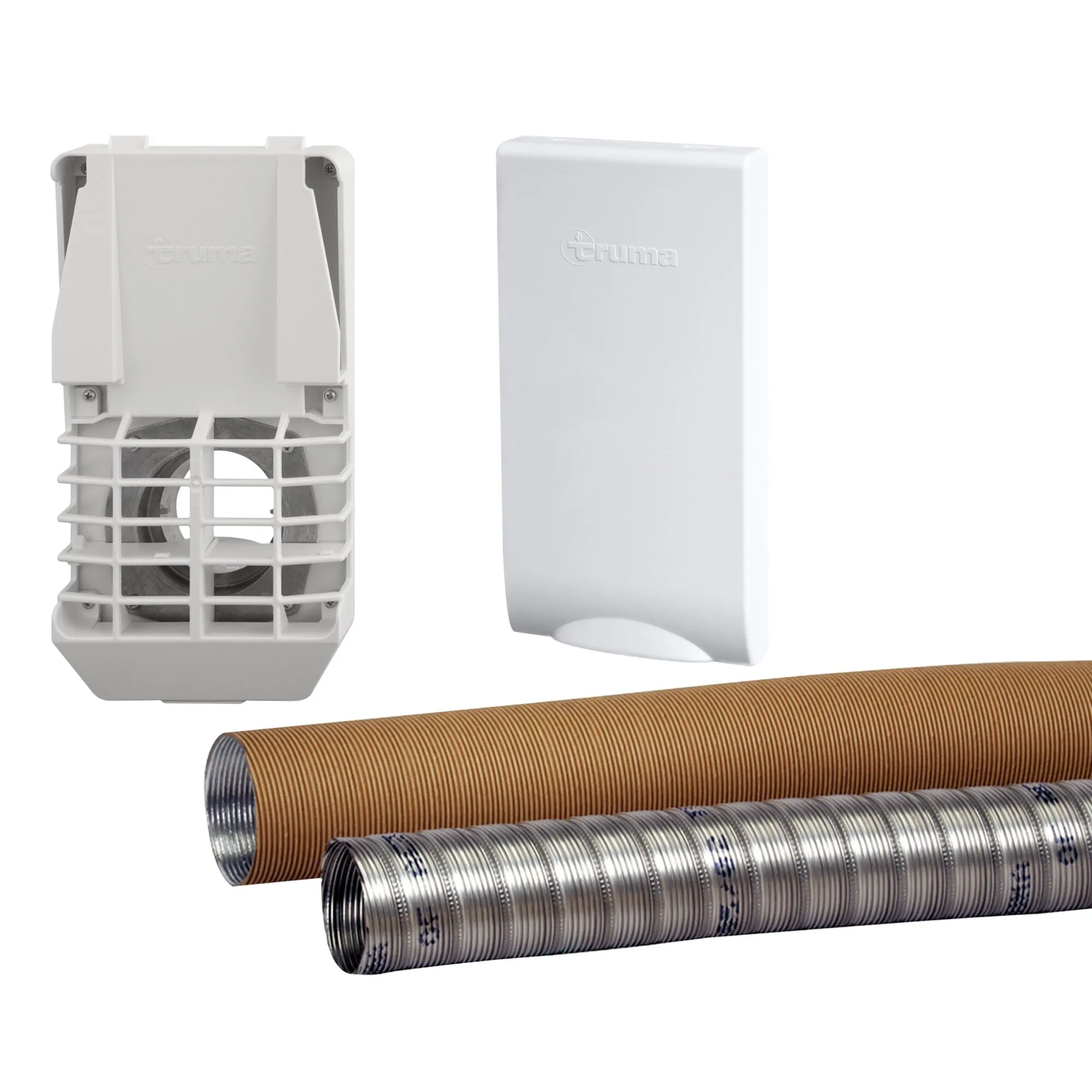 Weißes Truma-Wandkaminset mit Abdeckung, Schutzgitter und zwei flexiblen Warmluft- und Abgasrohren
