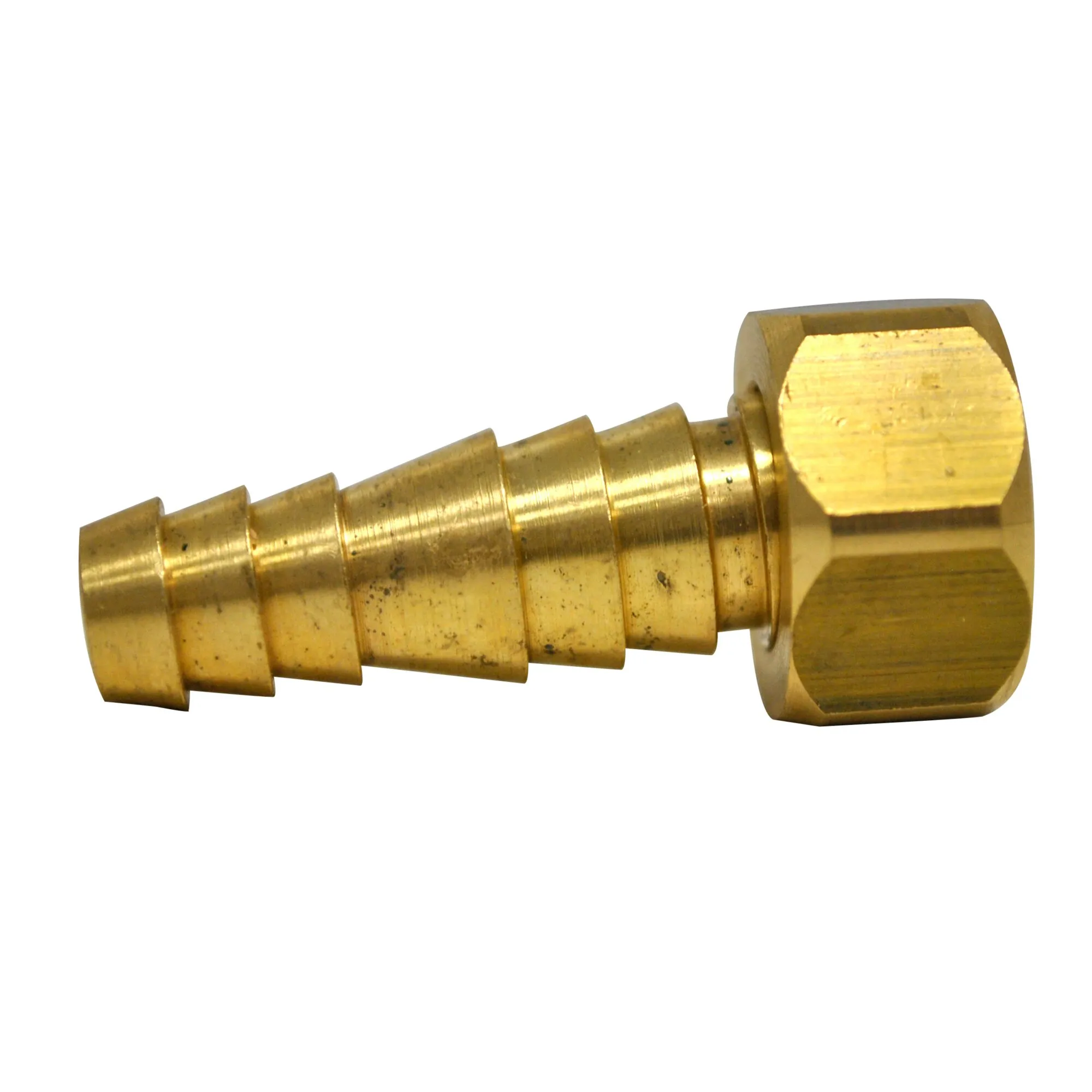 Gerade Schlauchtülle aus Messing mit mehreren Widerhaken und großem Sechskantanschluss in Seitenansicht