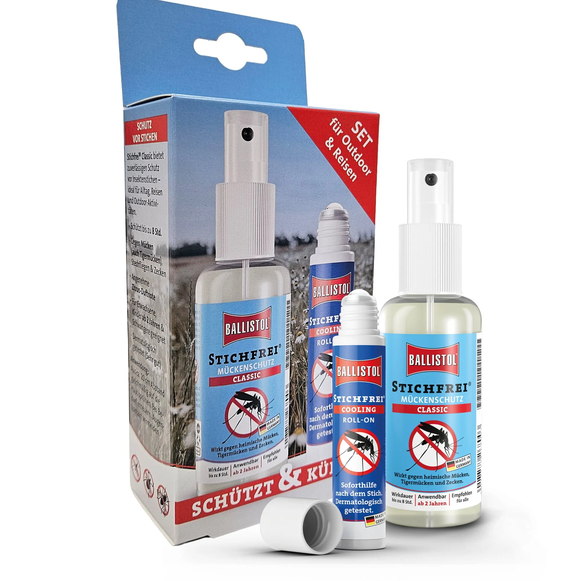 Ballistol Stichfrei Insektenschutz- und Soforthilfe-Set mit Spray, Cooling-Roll-on und Mückenschutz-Lotion in Verpackung