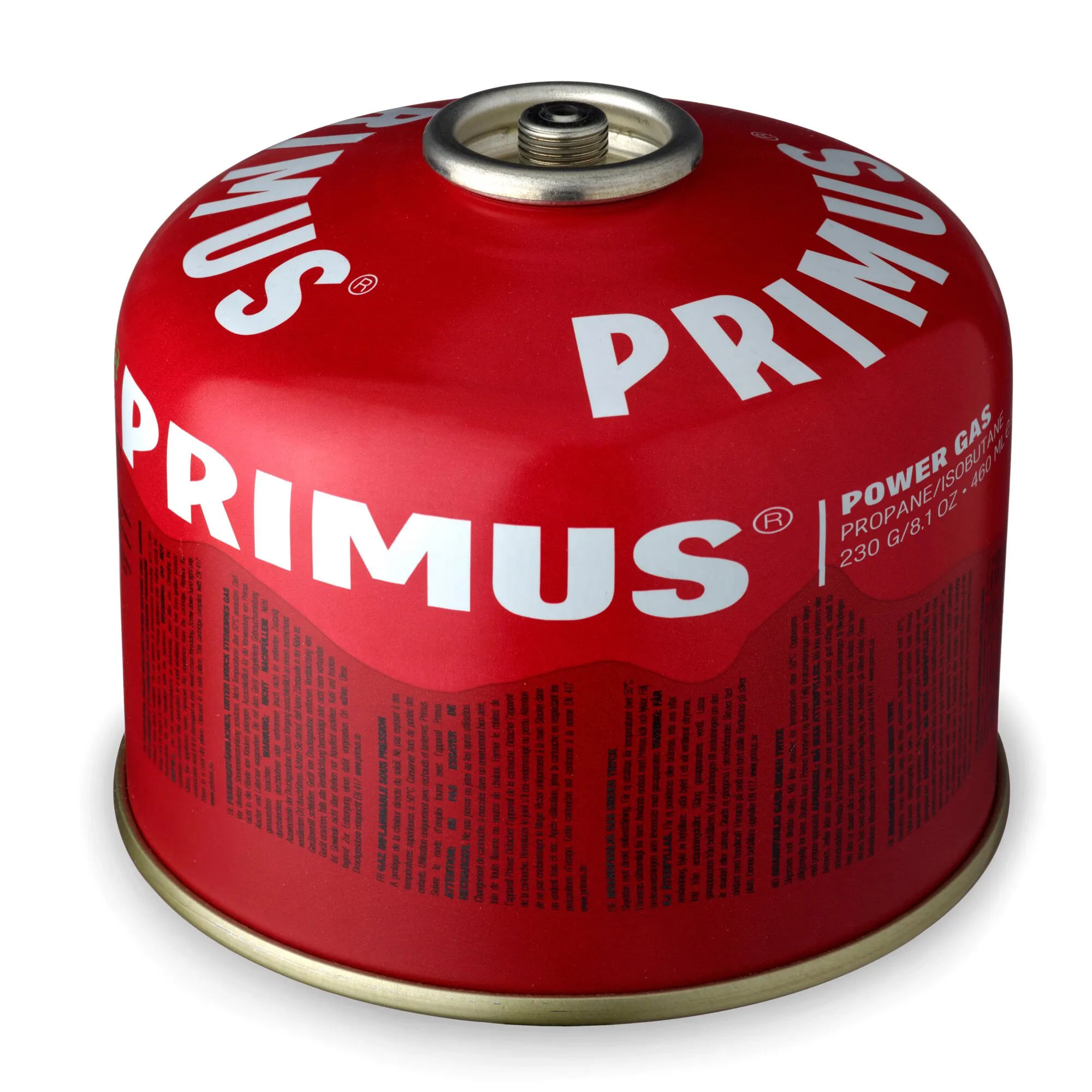 Rote Schraubventilkartusche Power Gas von Primus mit 230 g Propan-Isobutan-Gemisch und sichtbarem Schraubanschluss