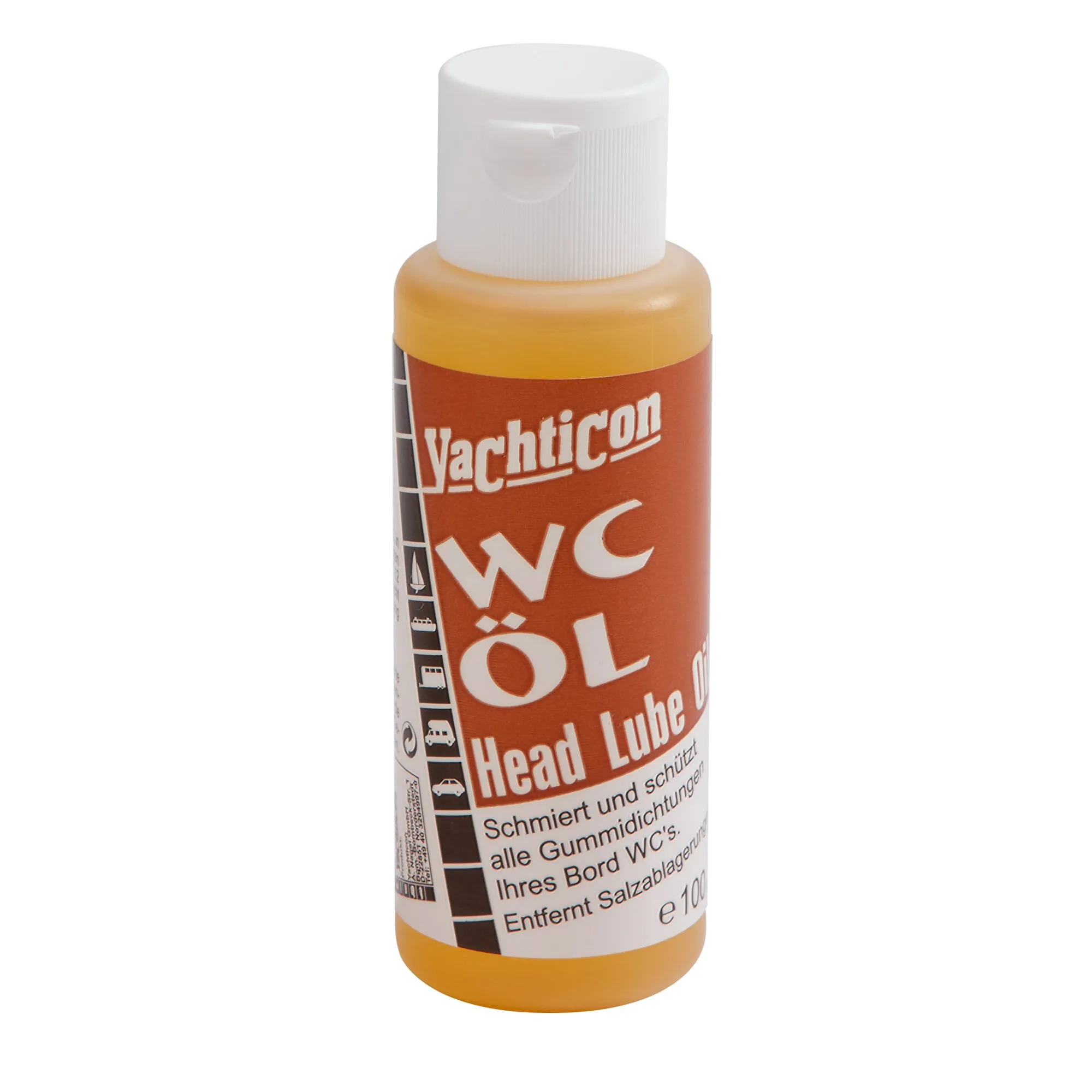 Yachticon WC-Öl in brauner Kunststoffflasche mit weißem Schraubverschluss, 100 ml, zur Pflege von Bord-WC-Gummidichtungen