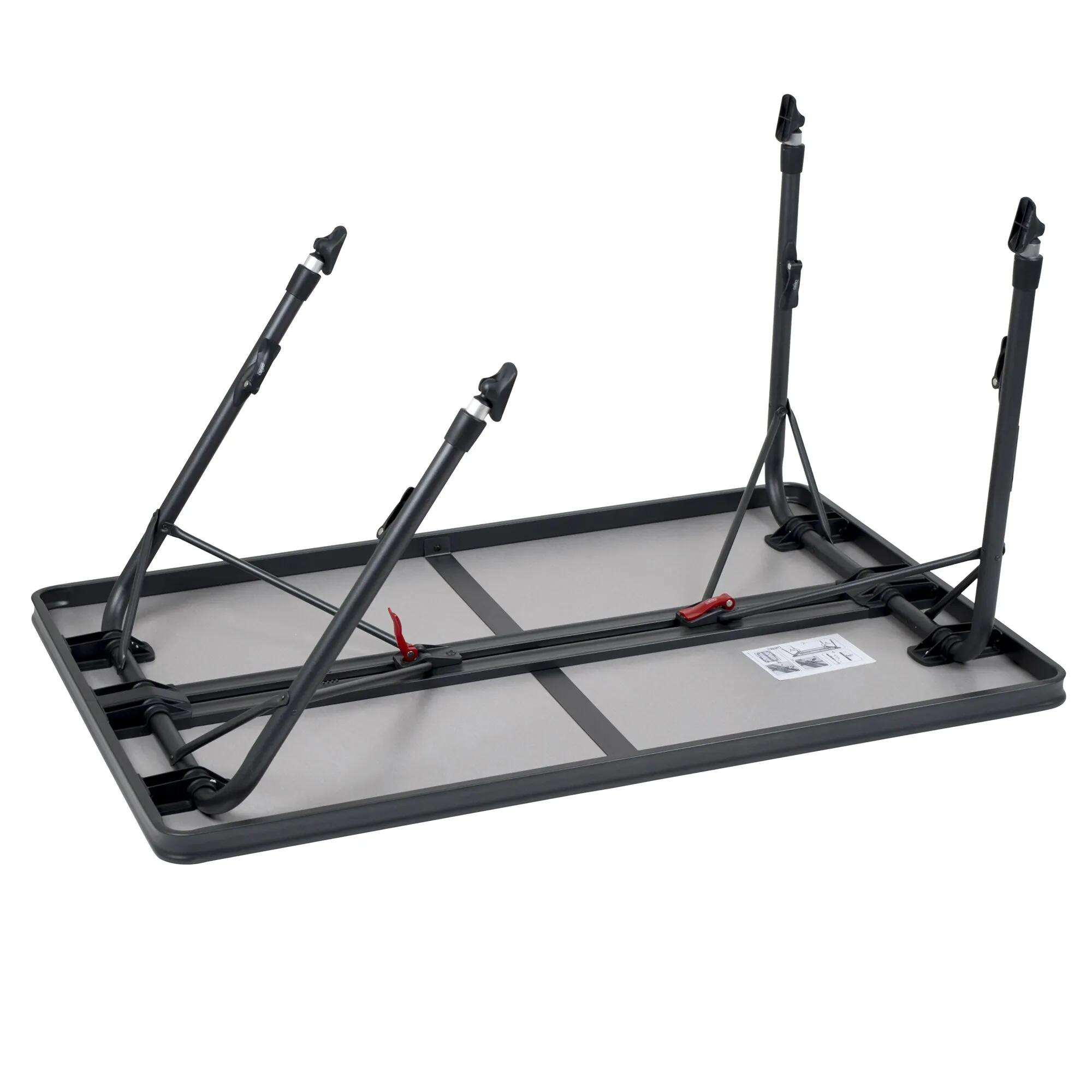 Campingtisch Crespo Sevilla 130 cm von unten mit grauer Tischplatte, schwarzem Rahmen, vier Beinen und roten Sicherungshebeln