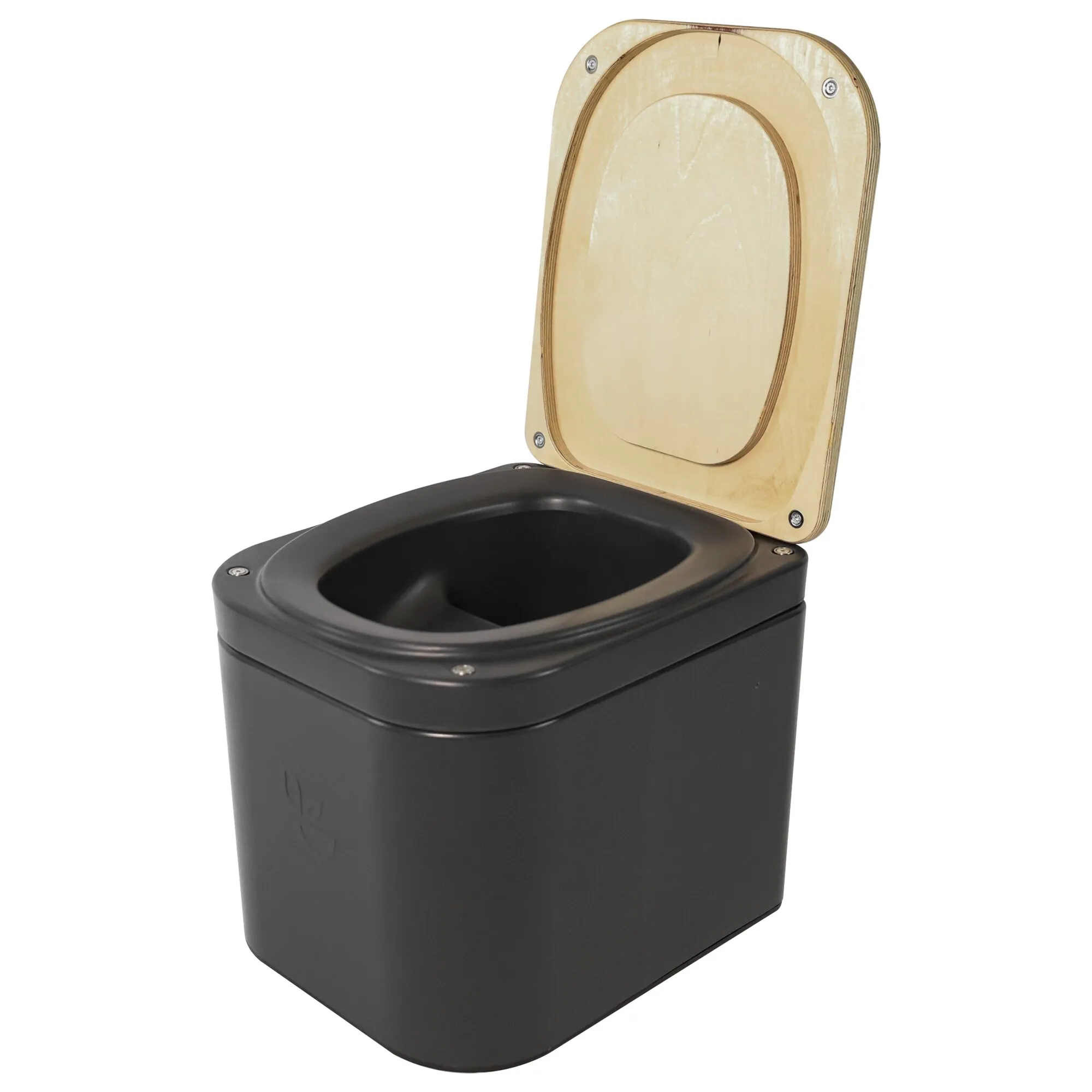 Schwarze Trenntoilette Trelino Origin M mit geöffnetem Toilettendeckel und sichtbarer Trennöffnung, freigestellt vor weißem Hintergrund