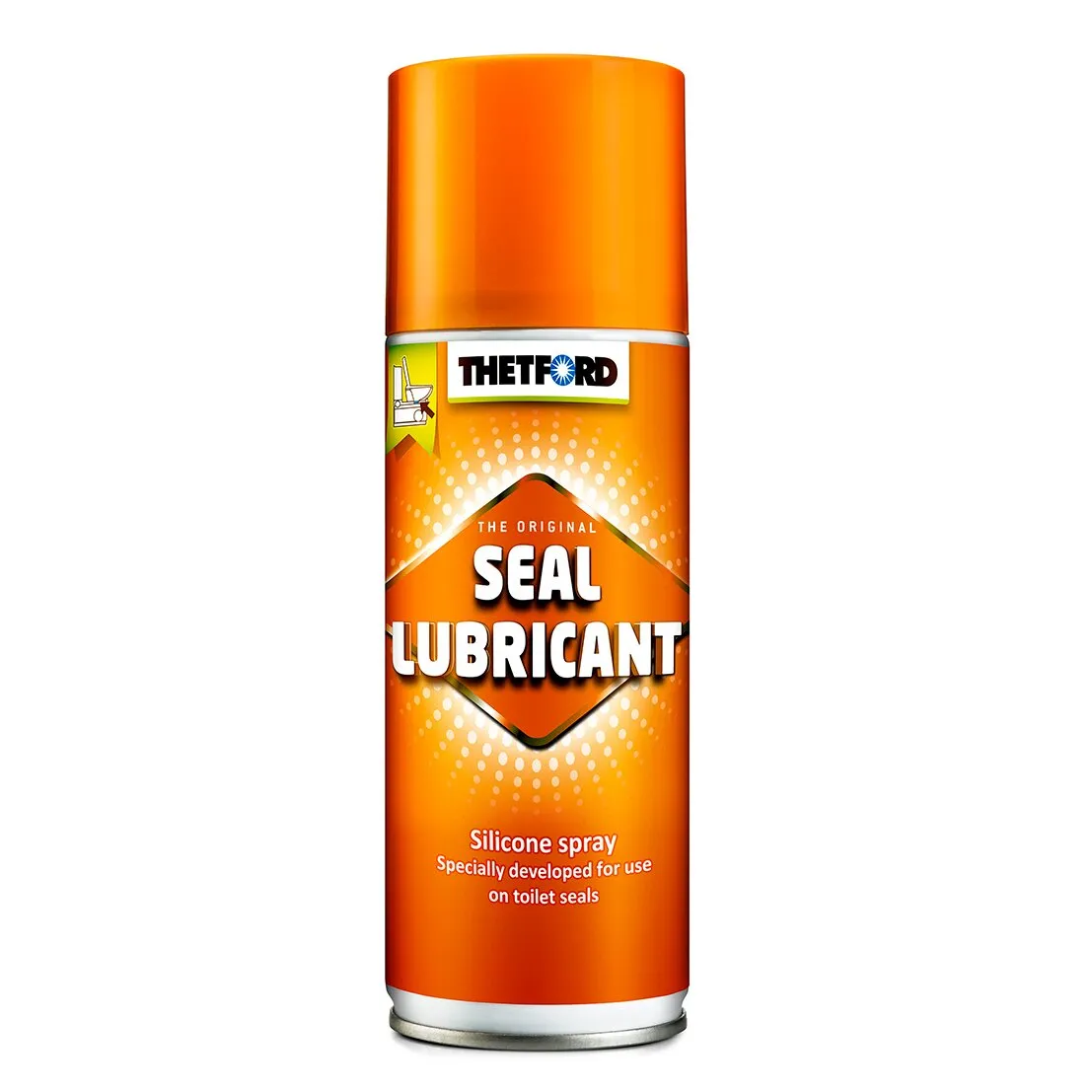 Thetford Seal Lubricant, orangefarbenes Silikonspray in einer aufrecht stehenden Sprühdose für Toilettendichtungen
