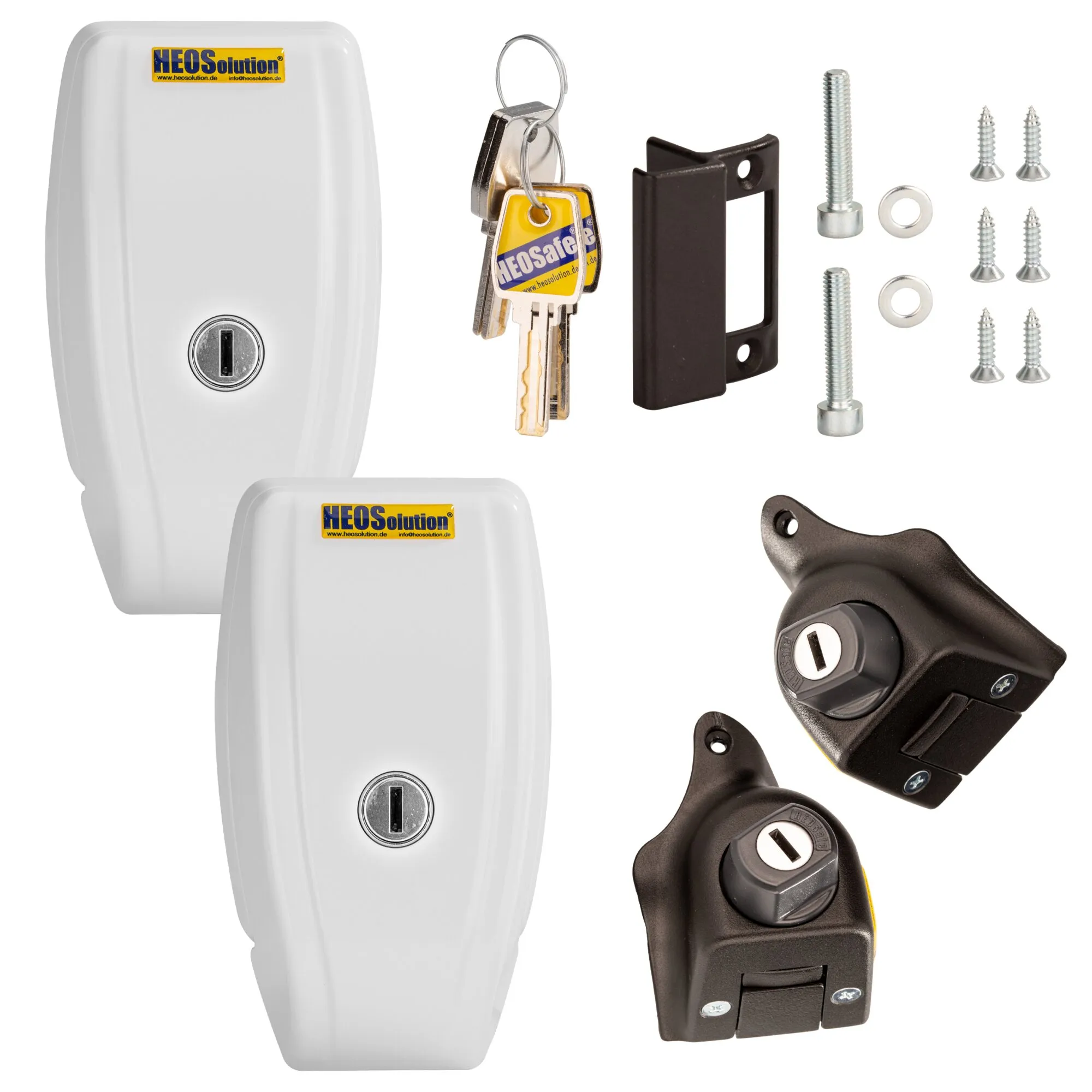 HEOSafe® Sicherheitspaket für Fiat Ducato ab 09/2021 mit zwei weißen Türsicherungen, schwarzen Zusatzschlössern, Schlüsseln und Montagematerial
