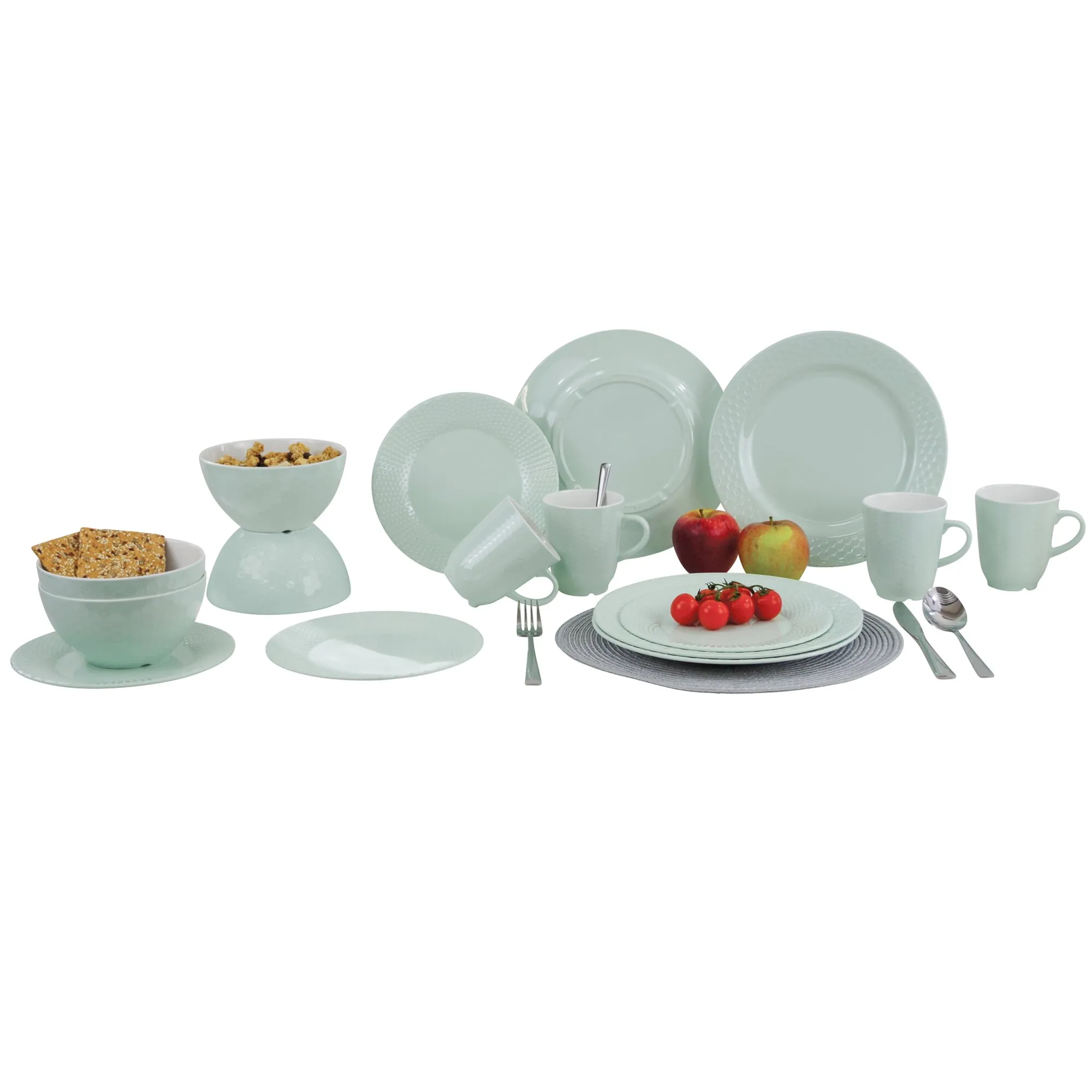 Mintfarbenes Geschirrset Royal Line mit Tellern, Schalen, Tassen, Besteck sowie Obst, Tomaten, Müsli und Crackern gedeckt arrangiert