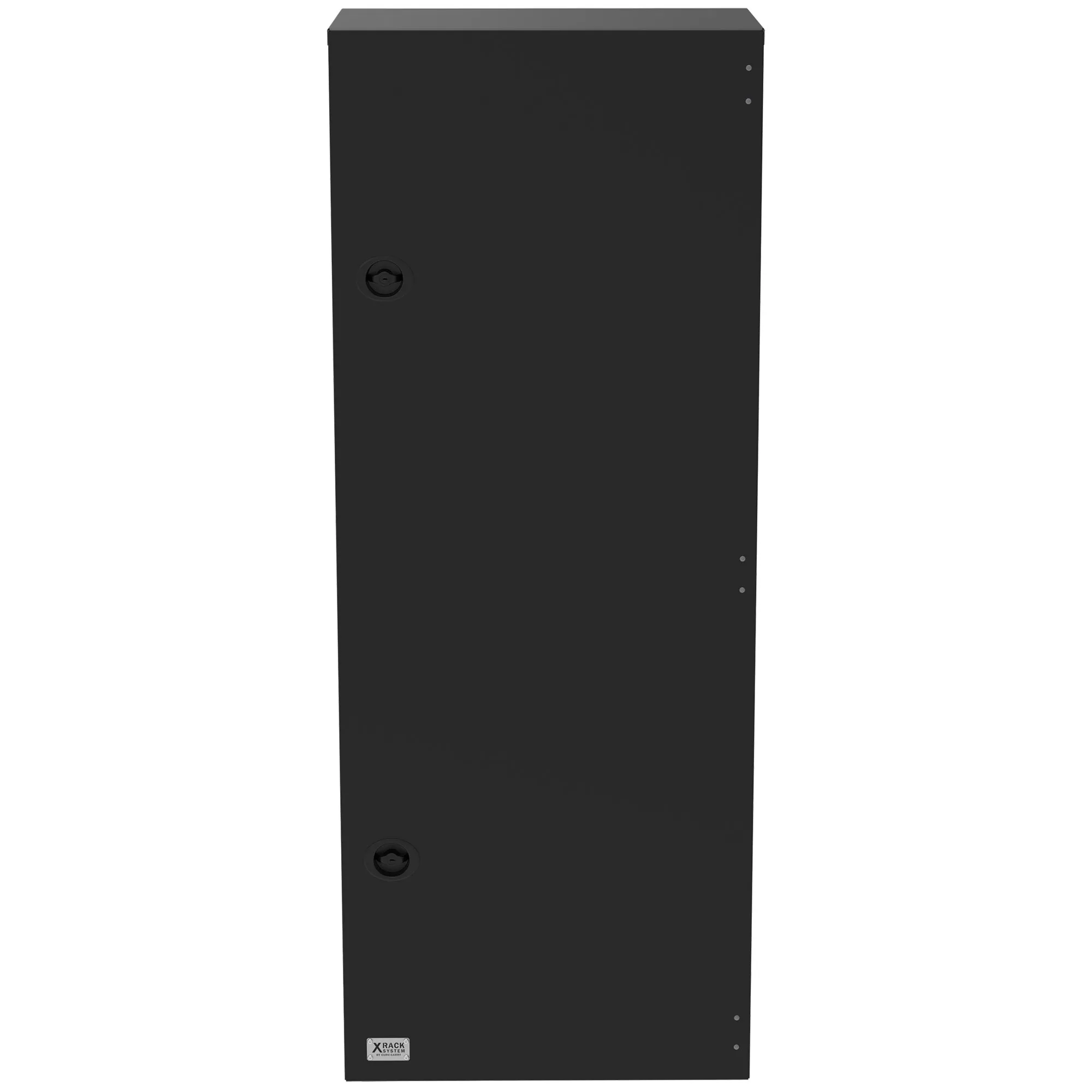 Schwarze, rechteckige Staubox XL für das X-Rack mit zwei Verschlüssen und X-Rack-Systemlogo an der Vorderseite