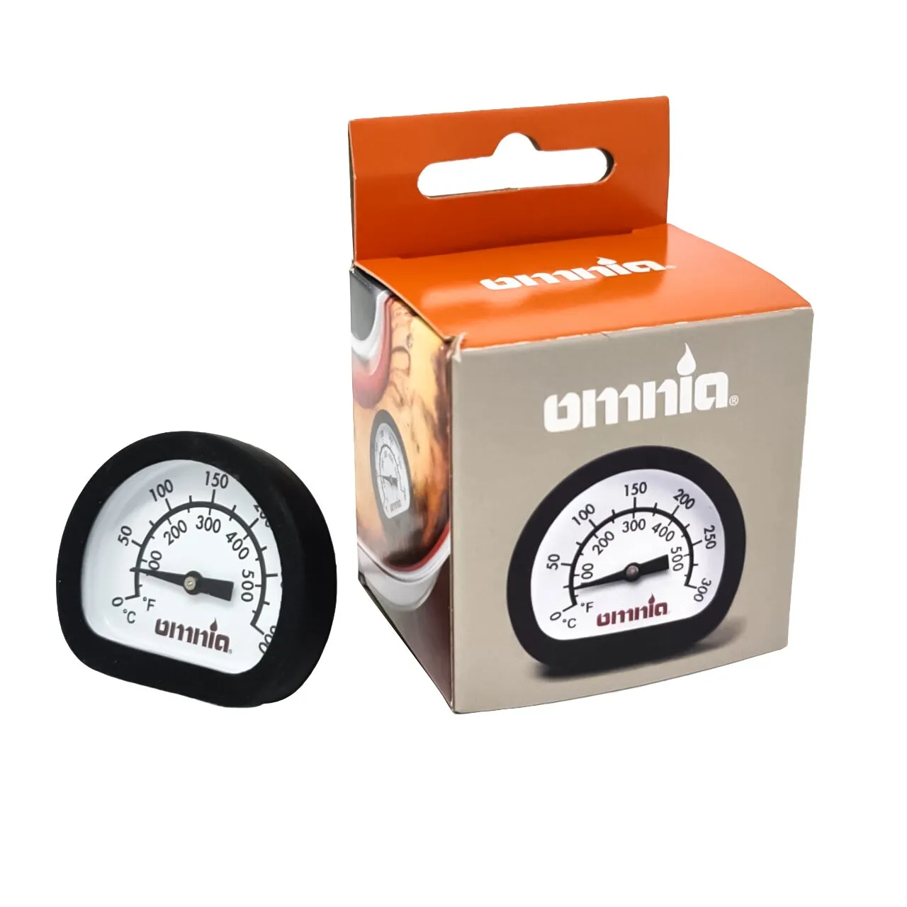 Schwarzes analoges Thermometer mit Celsius- und Fahrenheit-Skala neben der orange-grauen Verpackung