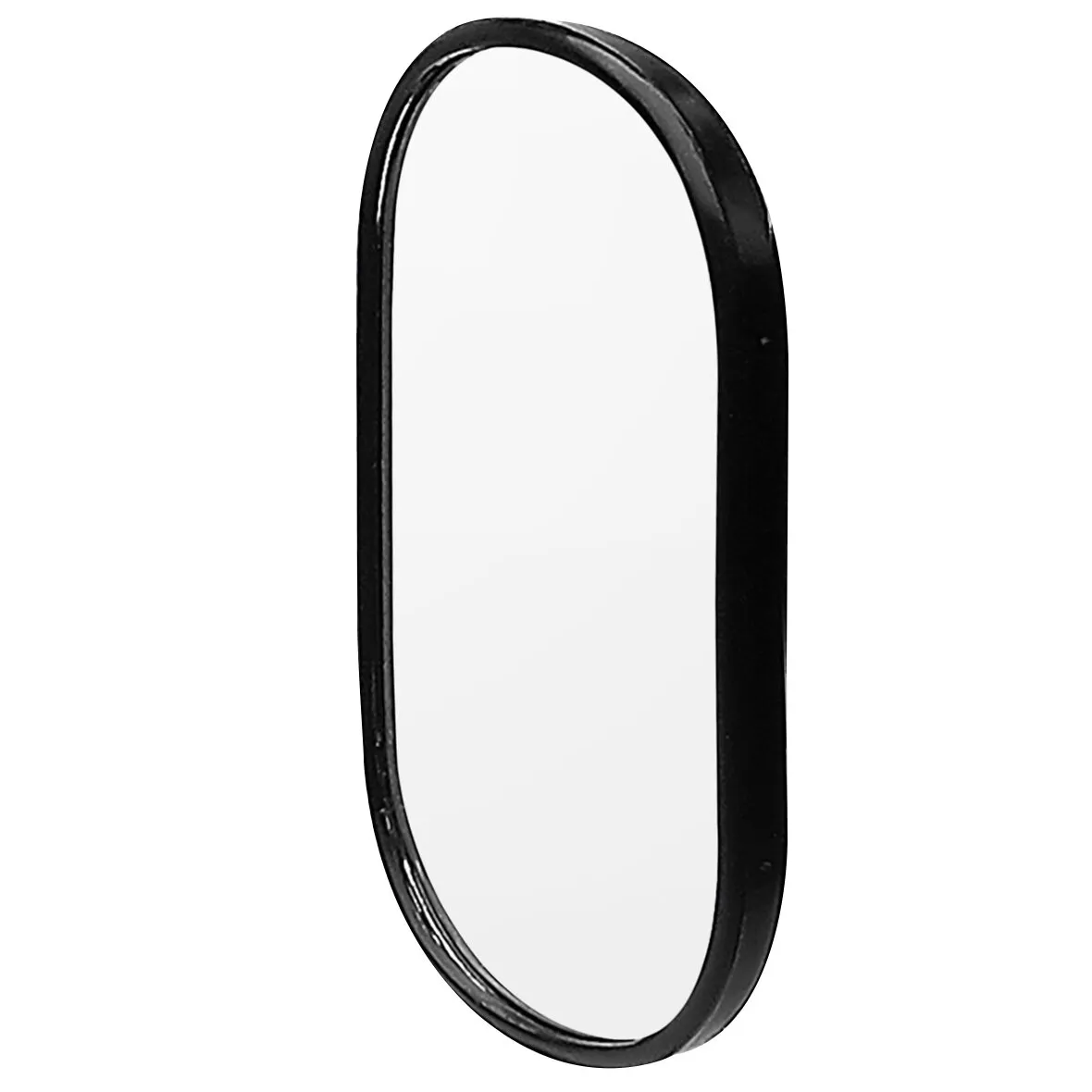 Schwarzer, oval abgerundeter Ersatzspiegelkopf mit planem Spiegeleinsatz in schmalem Rahmen, freigestellt vor weißem Hintergrund