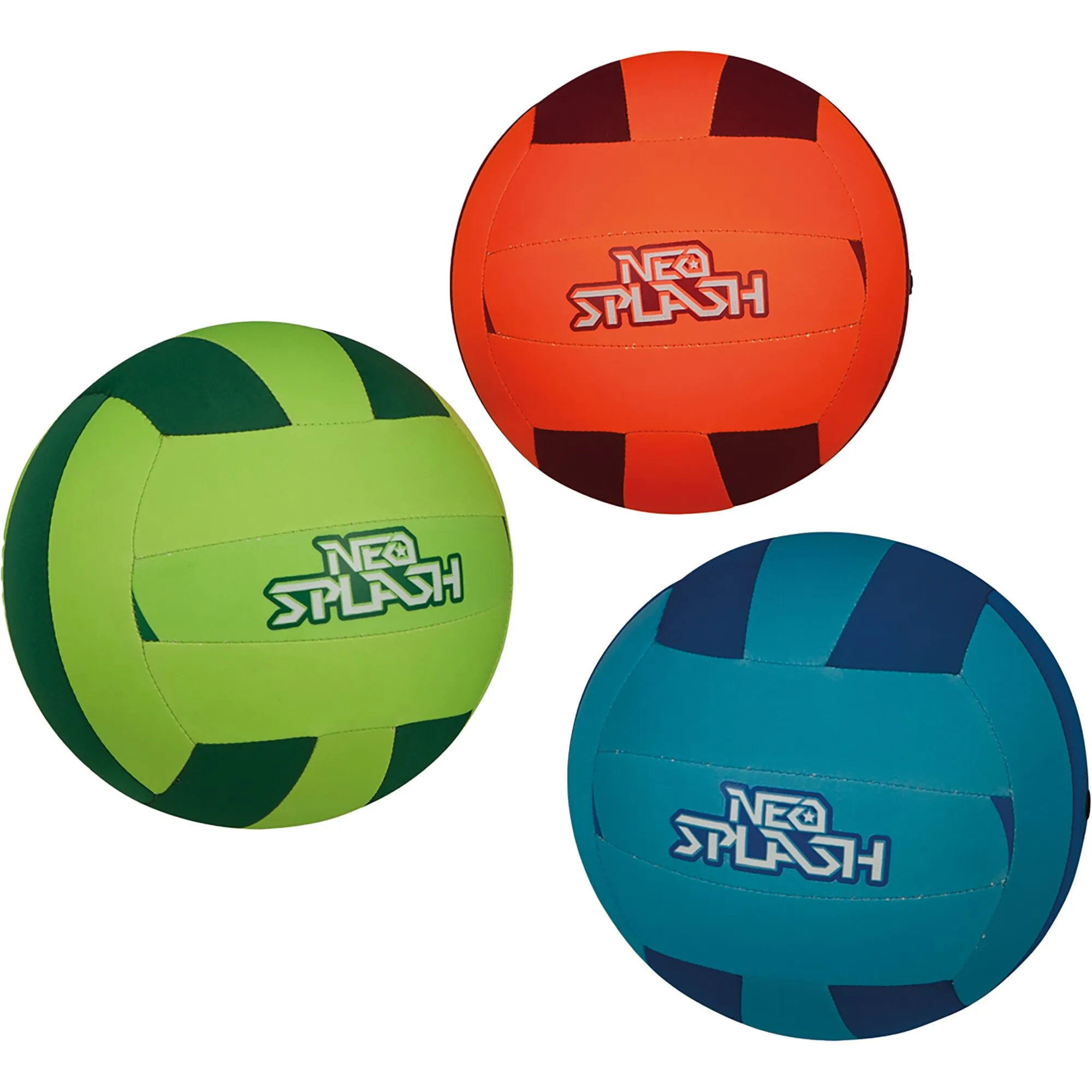 Vier Neopren-Volleyballbälle in Orange, Grün und Blau mit genähten Segmenten und auffälligem HKS-Logo auf weißem Hintergrund