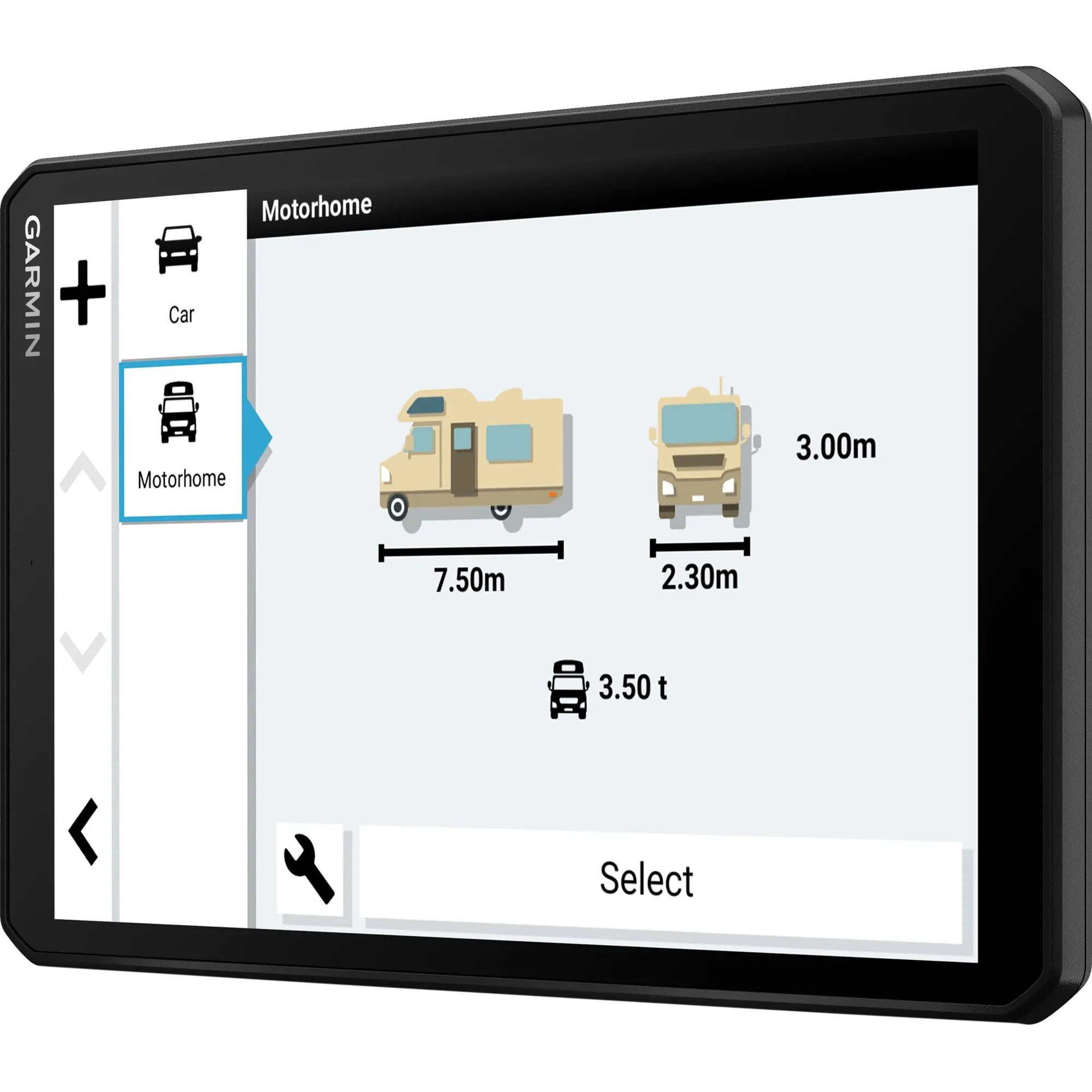 Garmin Camper 895 MT-D EU Navigationssystem mit schwarzem Rahmen und Anzeige der Wohnmobilmaße: 7,50 m, 2,30 m, 3,00 m und 3,50 t
