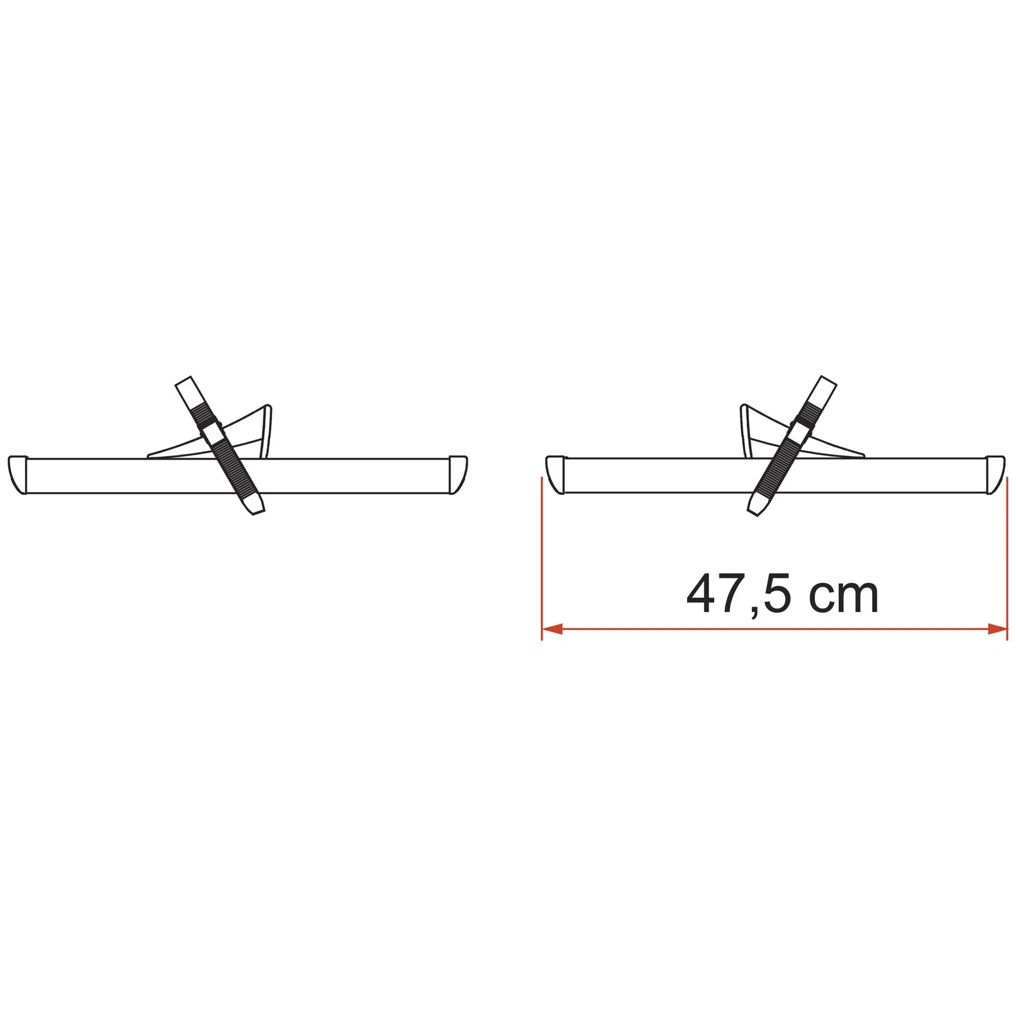 Silberne Fahrradschiene Rail Premium 48 mit zwei schwarzen Befestigungsriemen, Seitenansicht und Maßangabe 47,5 cm