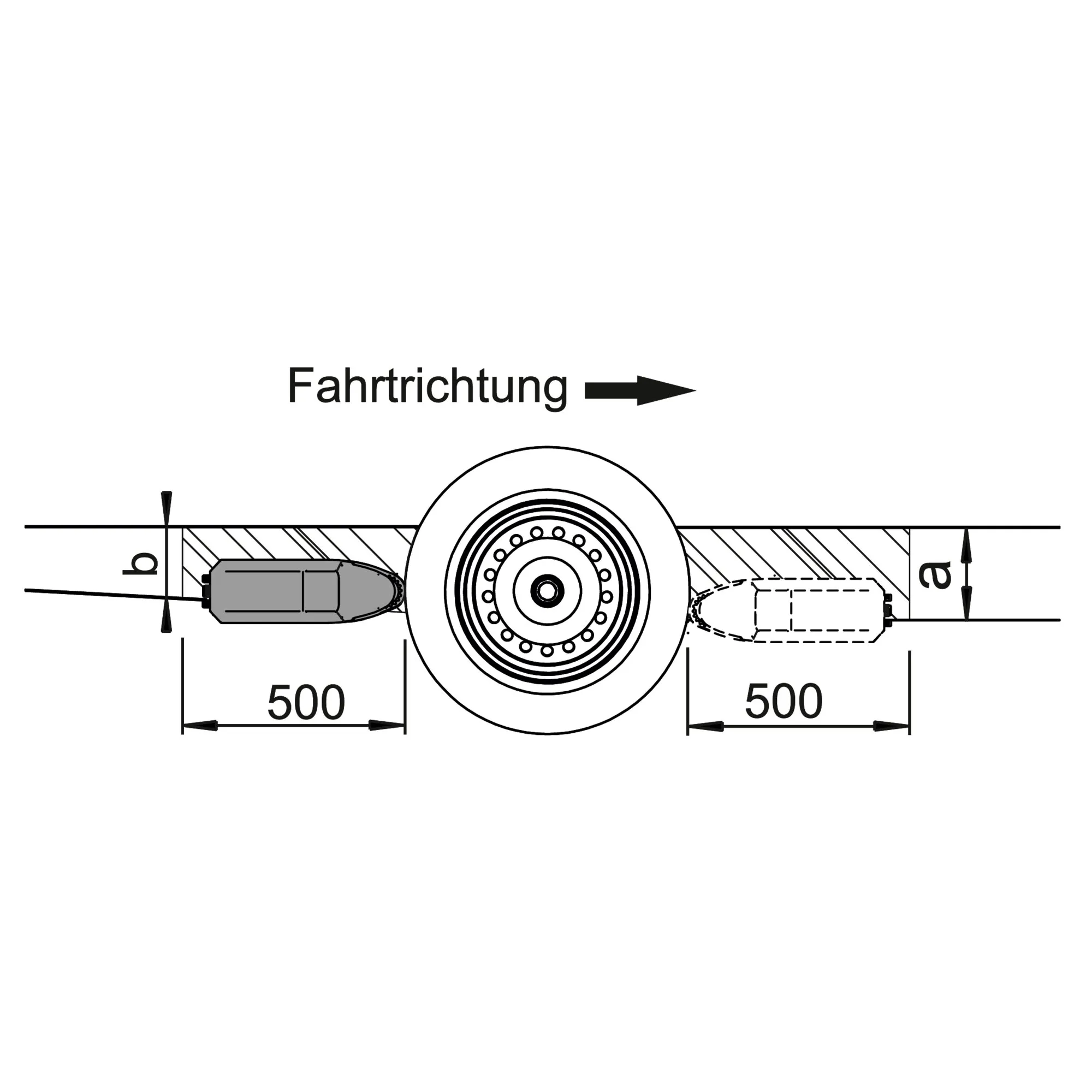 Technische Seitenansicht des Rangierantriebs AL-KO Mammut Einachser S21 mit Rad, Antriebseinheiten, Fahrtrichtungspfeil und Maßangaben 500 mm
