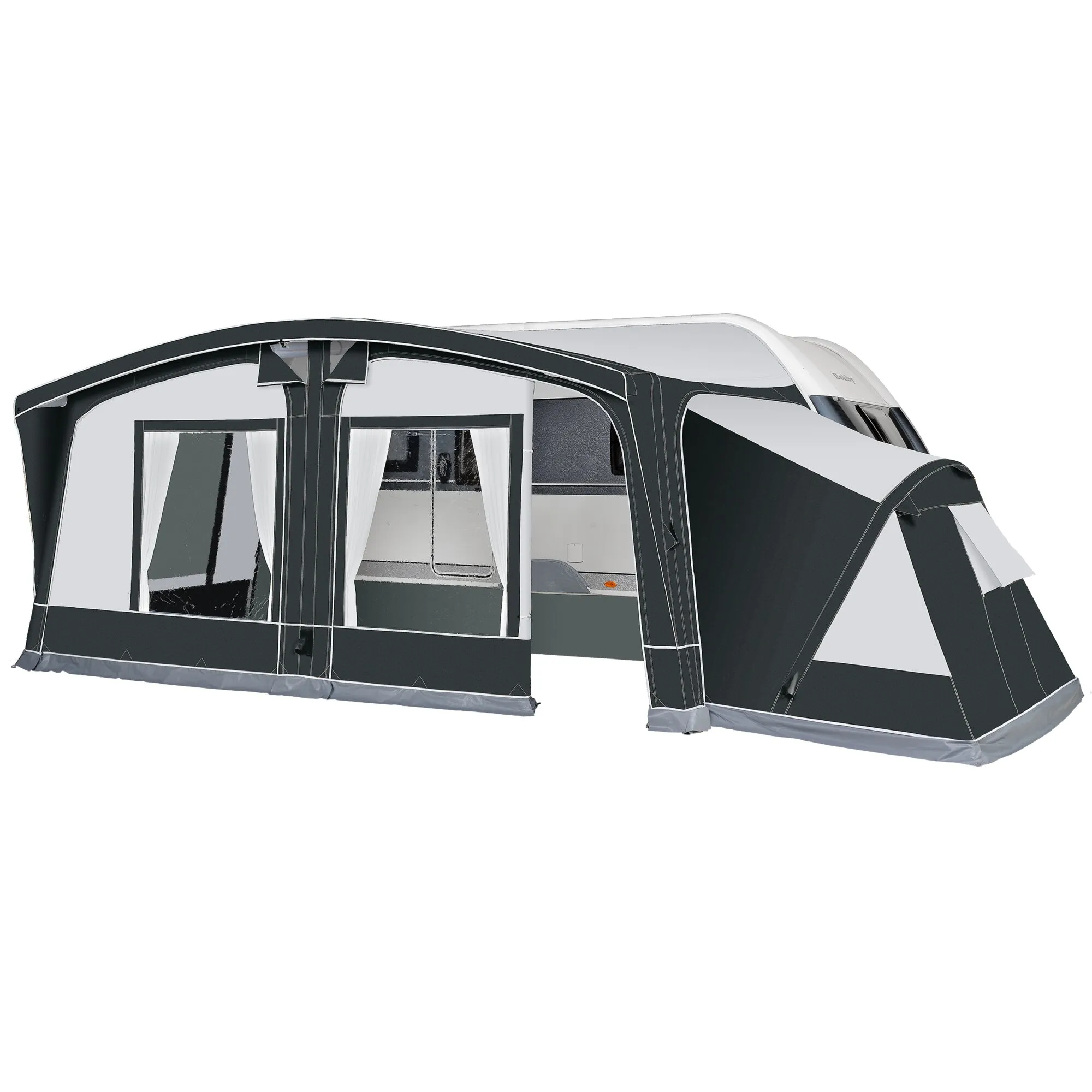 Schwarz-grauer Anbau für das Vorzelt Octavia Air mit transparenten Fenstern und seitlichem Eingang an einem Wohnwagen