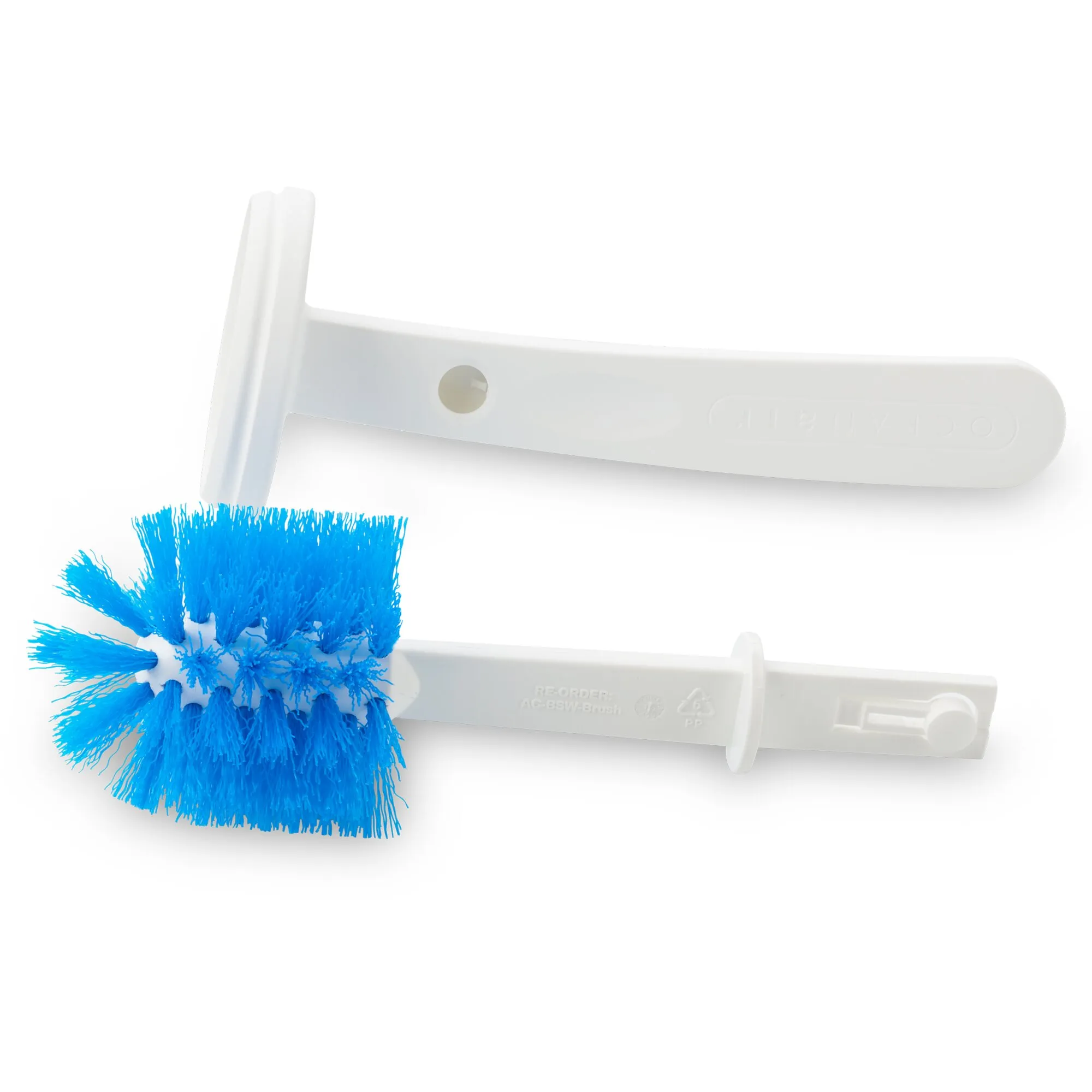 Weiße Toilettenbürste Brush & Stow mit blauem Bürstenkopf, abgebildet in Vorder- und Unteransicht