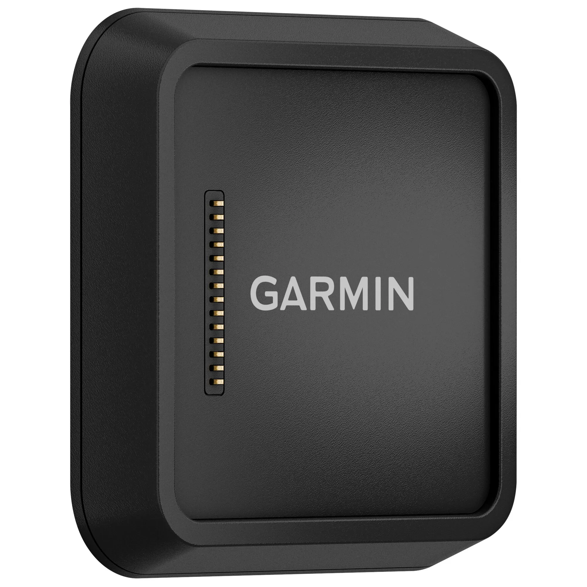Schwarze rechteckige Garmin-Wandladeschale mit abgerundeten Ecken und seitlich angeordneten goldfarbenen Ladekontakten