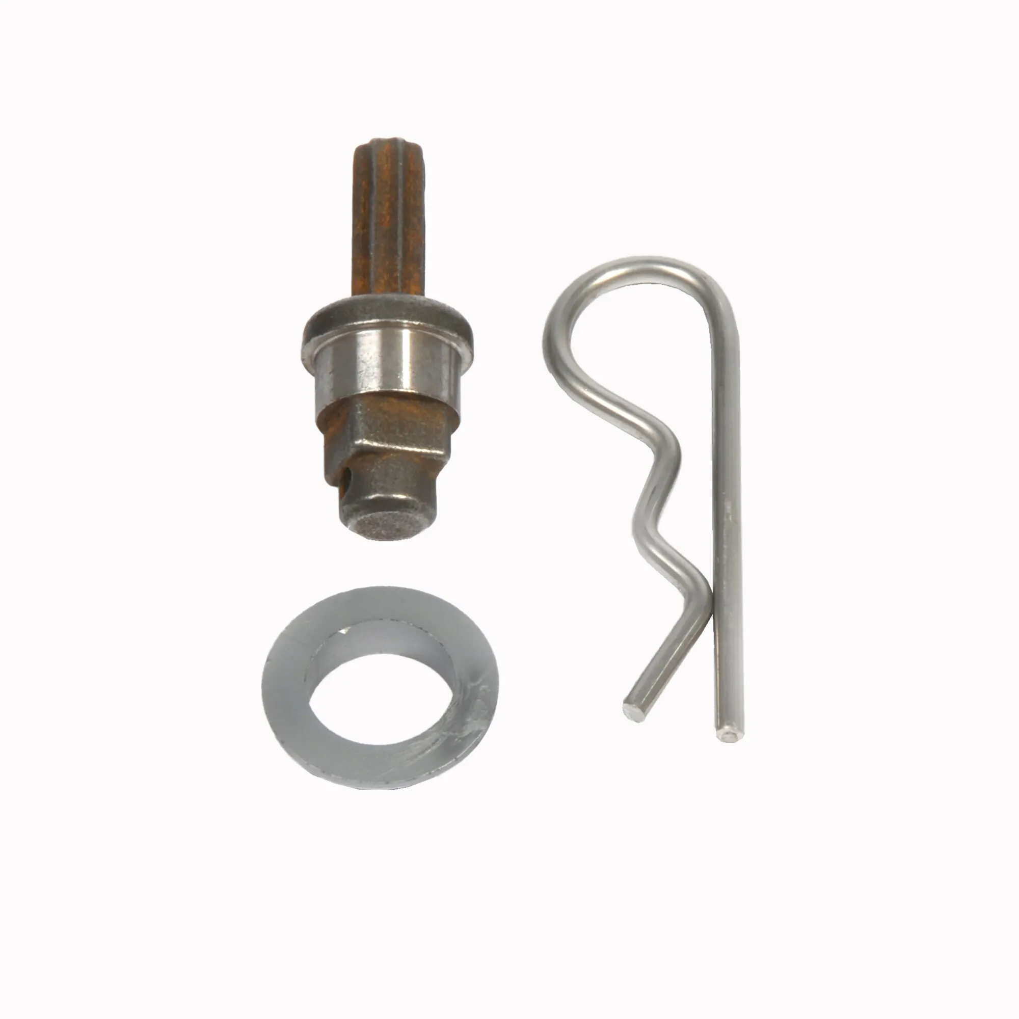 Motorachse Thule Step V15 12V 460/550 mit Metallstift, Sicherungsclip und Unterlegscheibe auf weißem Hintergrund