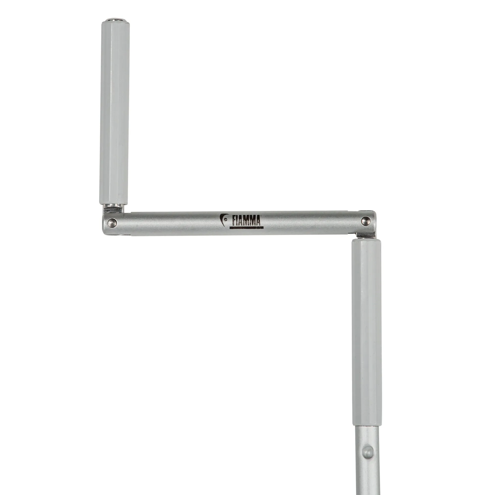 Silberne Aluminium-Handkurbel von Fiamma mit zwei senkrechten Griffen und 51 cm Länge in Seitenansicht
