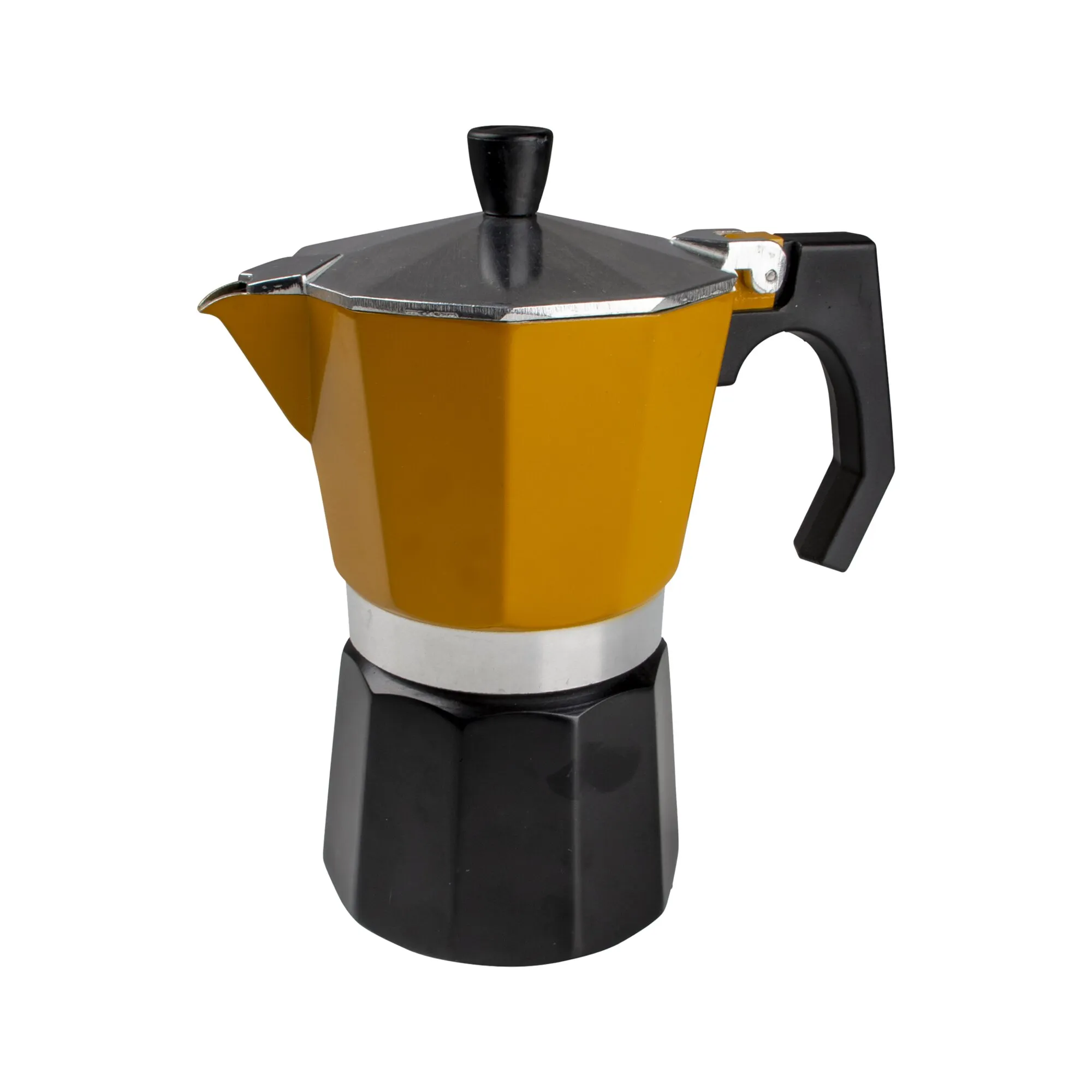 Kaffeebereiter Hudson als achteckige Mokkakanne in Gelb und Schwarz mit Deckel, Ausguss und seitlichem Griff